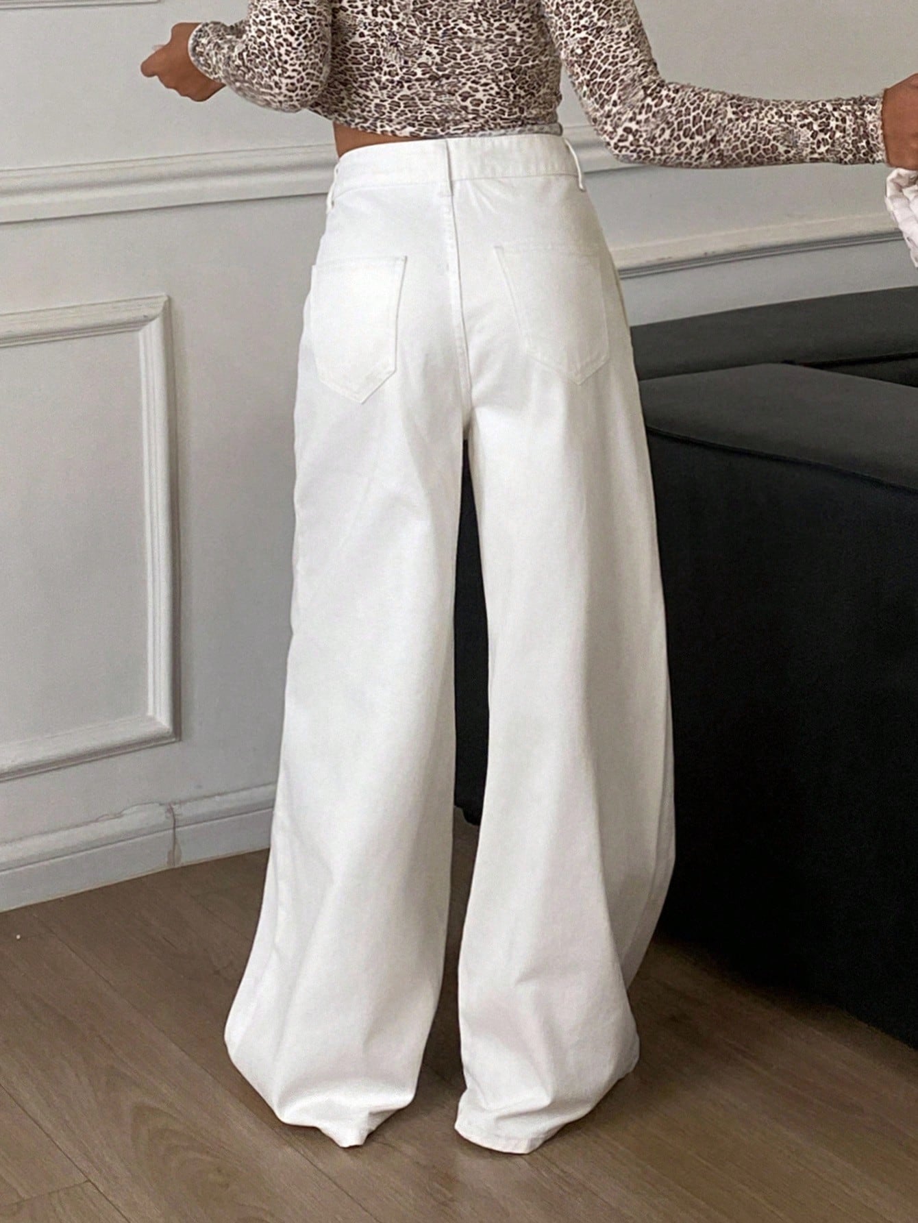 CM-BS822330 Women Casual Seoul Style Solid Color Mid Waist Baggy Wide Leg Button Jeans - White