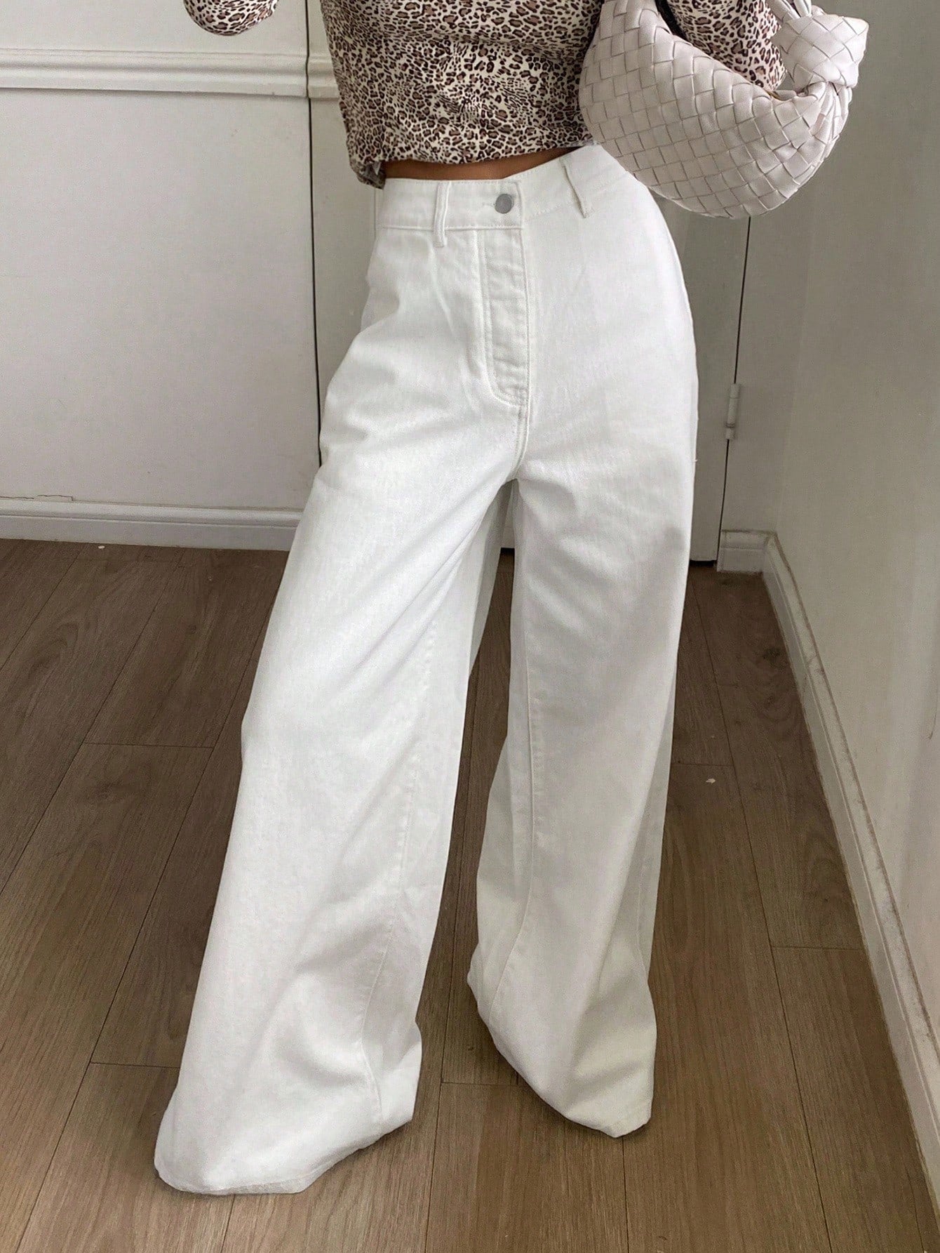 CM-BS822330 Women Casual Seoul Style Solid Color Mid Waist Baggy Wide Leg Button Jeans - White