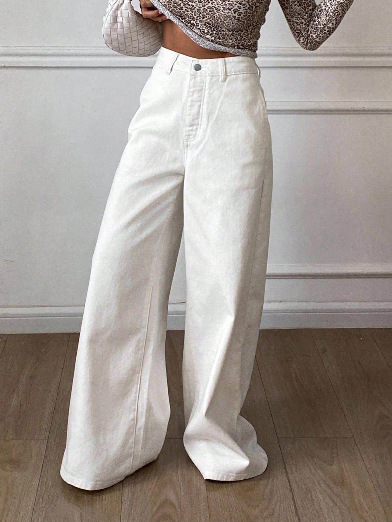 CM-BS822330 Women Casual Seoul Style Solid Color Mid Waist Baggy Wide Leg Button Jeans - White