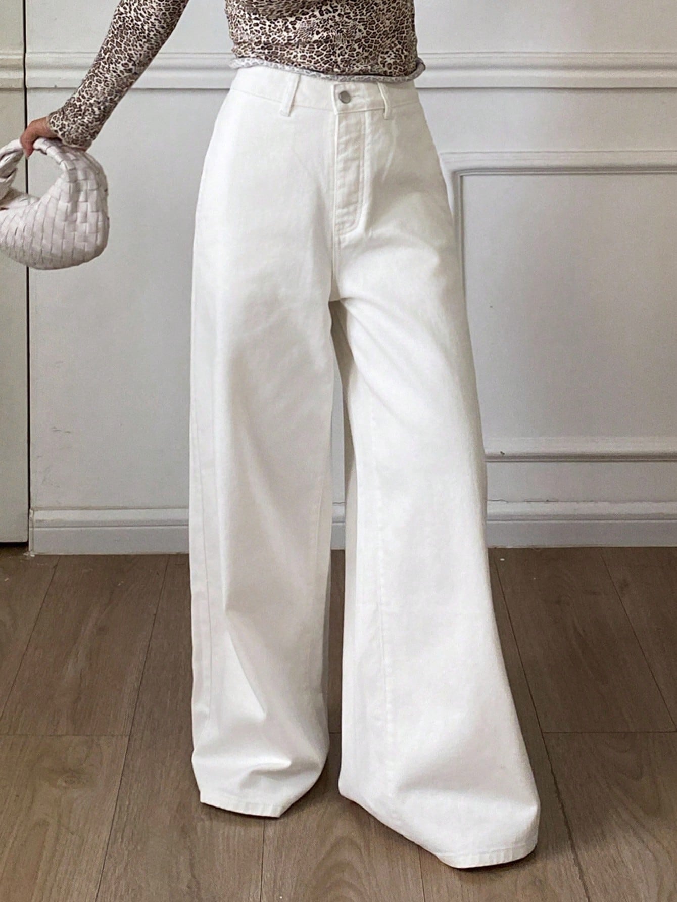 CM-BS822330 Women Casual Seoul Style Solid Color Mid Waist Baggy Wide Leg Button Jeans - White
