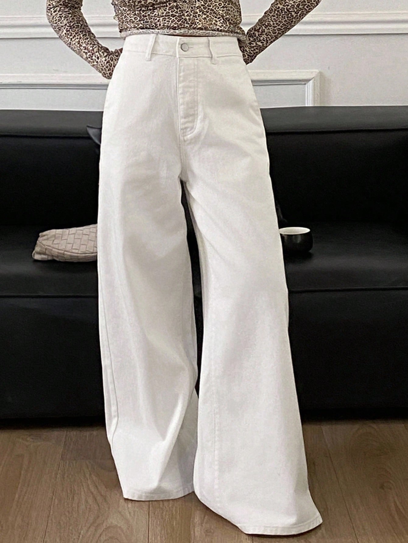 CM-BS822330 Women Casual Seoul Style Solid Color Mid Waist Baggy Wide Leg Button Jeans - White