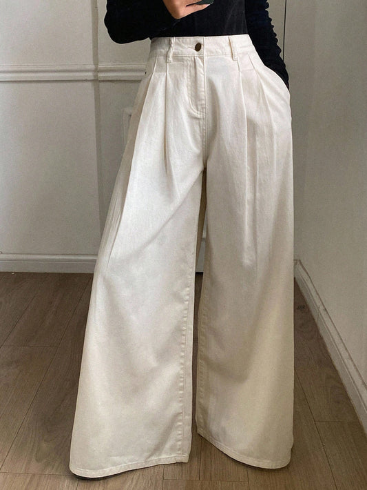 CM-BS292809 Women Casual Seoul Style High Waist Loose Wide-Leg Jeans - White