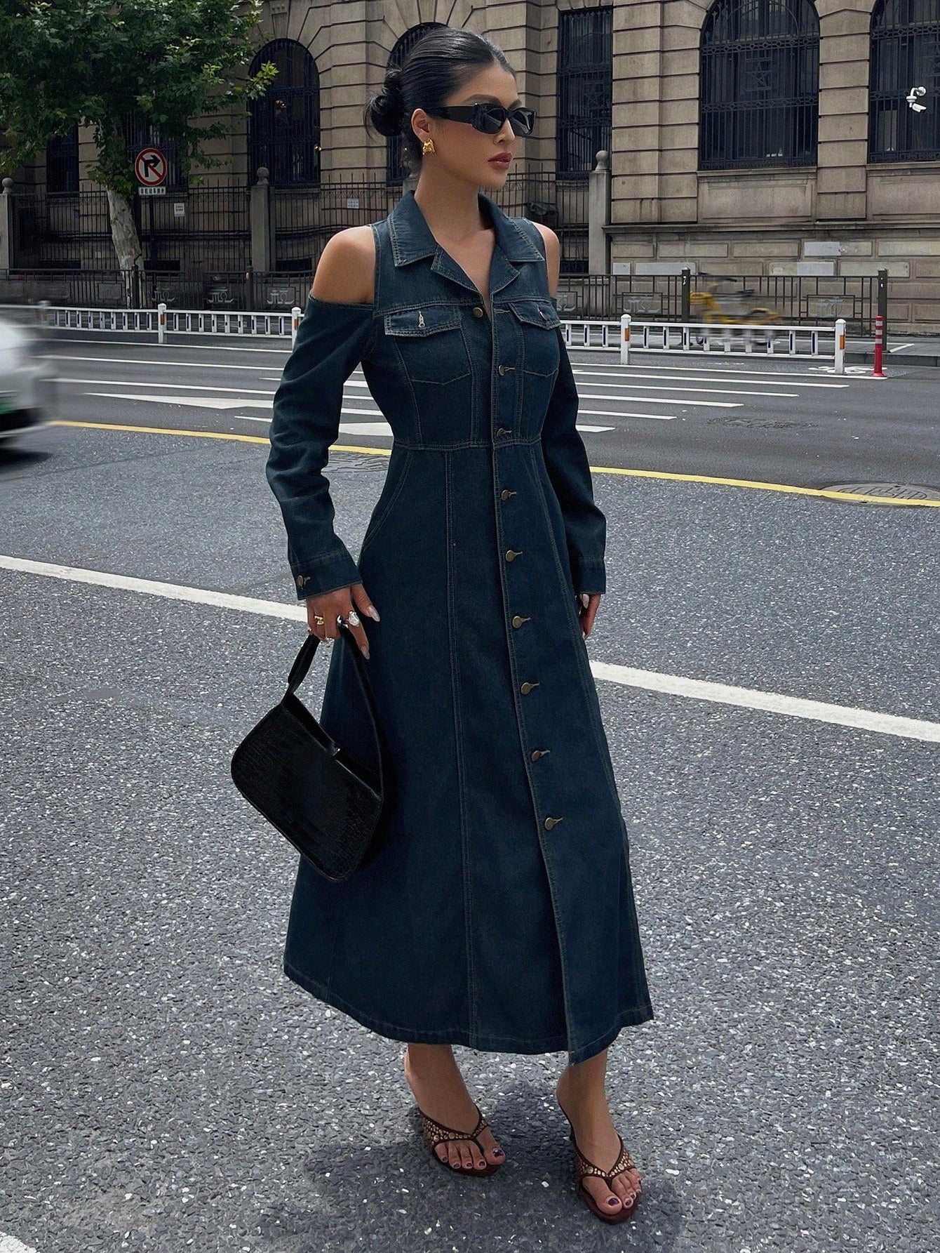 CM-DS399323 Women Casual Seoul Style Lapel Neckline Off-Shoulder High Waist Denim Dress - Blue