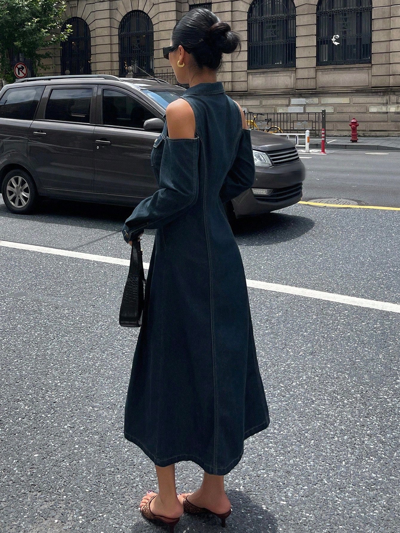 CM-DS399323 Women Casual Seoul Style Lapel Neckline Off-Shoulder High Waist Denim Dress - Blue