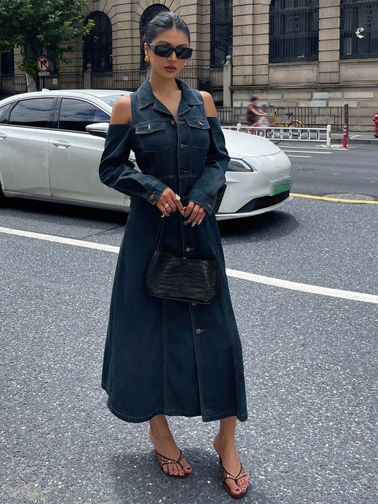CM-DS399323 Women Casual Seoul Style Lapel Neckline Off-Shoulder High Waist Denim Dress - Blue