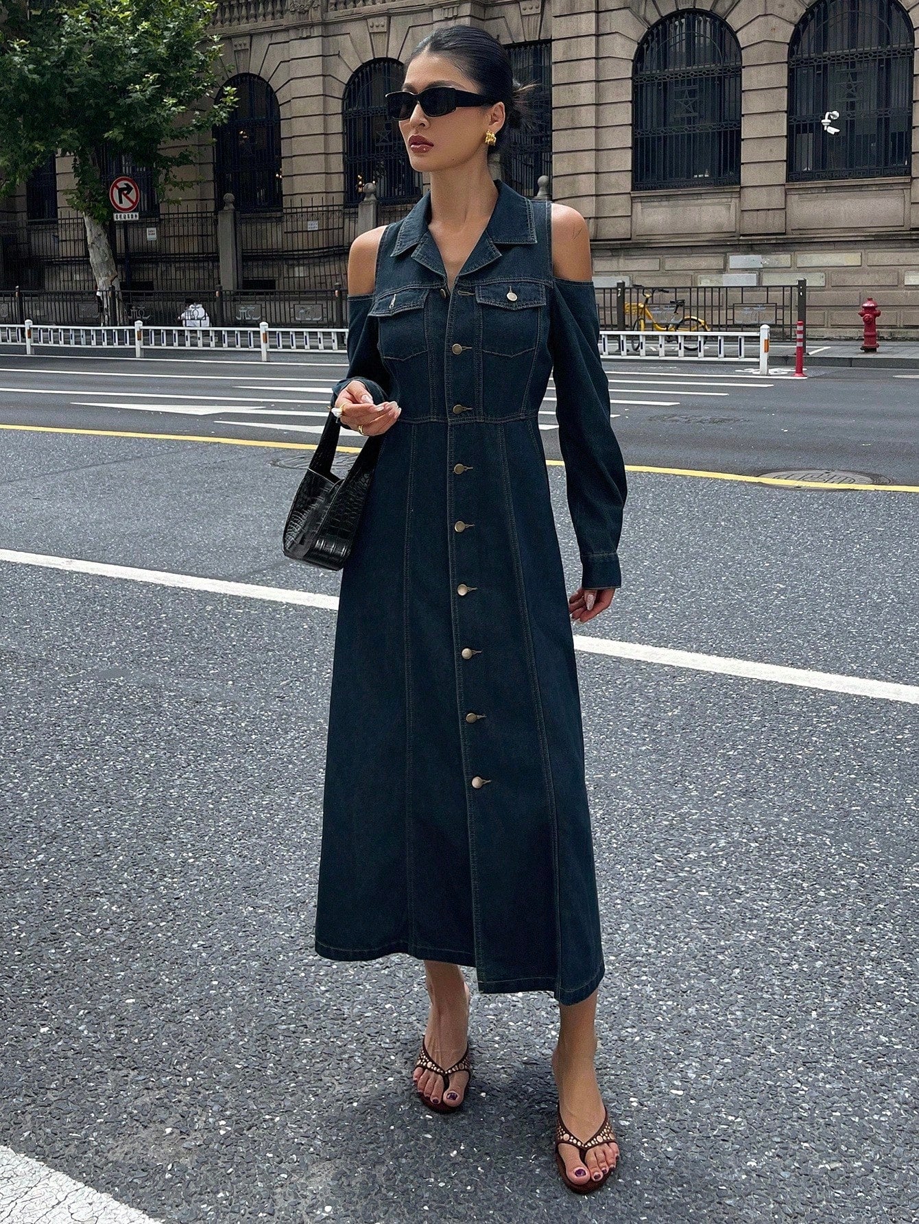 CM-DS399323 Women Casual Seoul Style Lapel Neckline Off-Shoulder High Waist Denim Dress - Blue