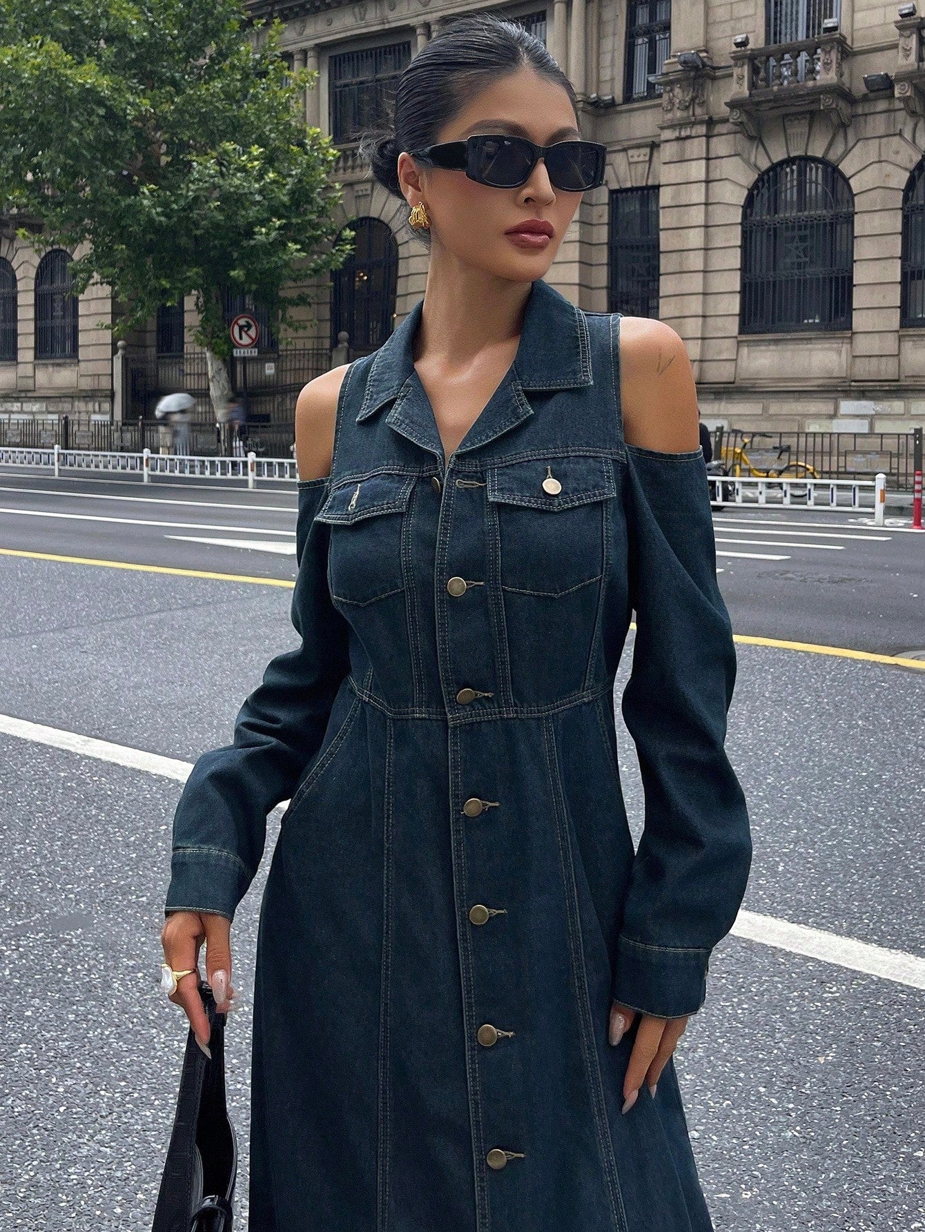 CM-DS399323 Women Casual Seoul Style Lapel Neckline Off-Shoulder High Waist Denim Dress - Blue