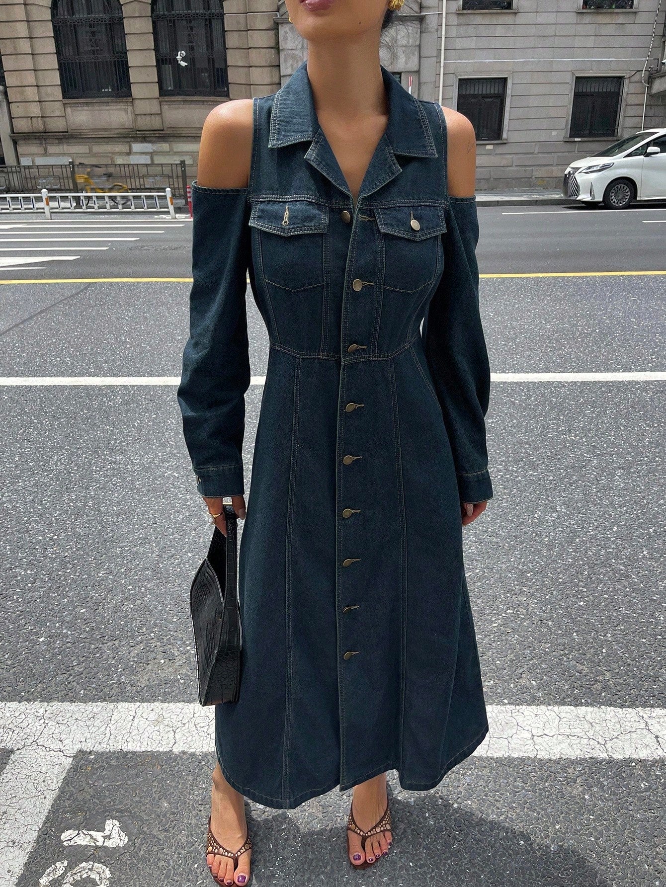 CM-DS399323 Women Casual Seoul Style Lapel Neckline Off-Shoulder High Waist Denim Dress - Blue