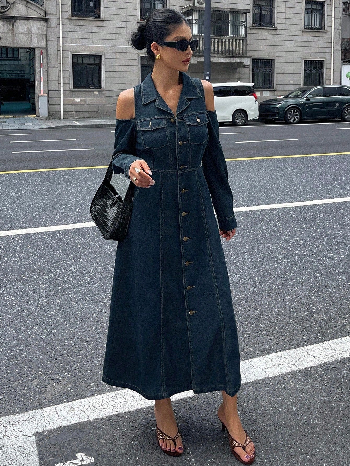 CM-DS399323 Women Casual Seoul Style Lapel Neckline Off-Shoulder High Waist Denim Dress - Blue