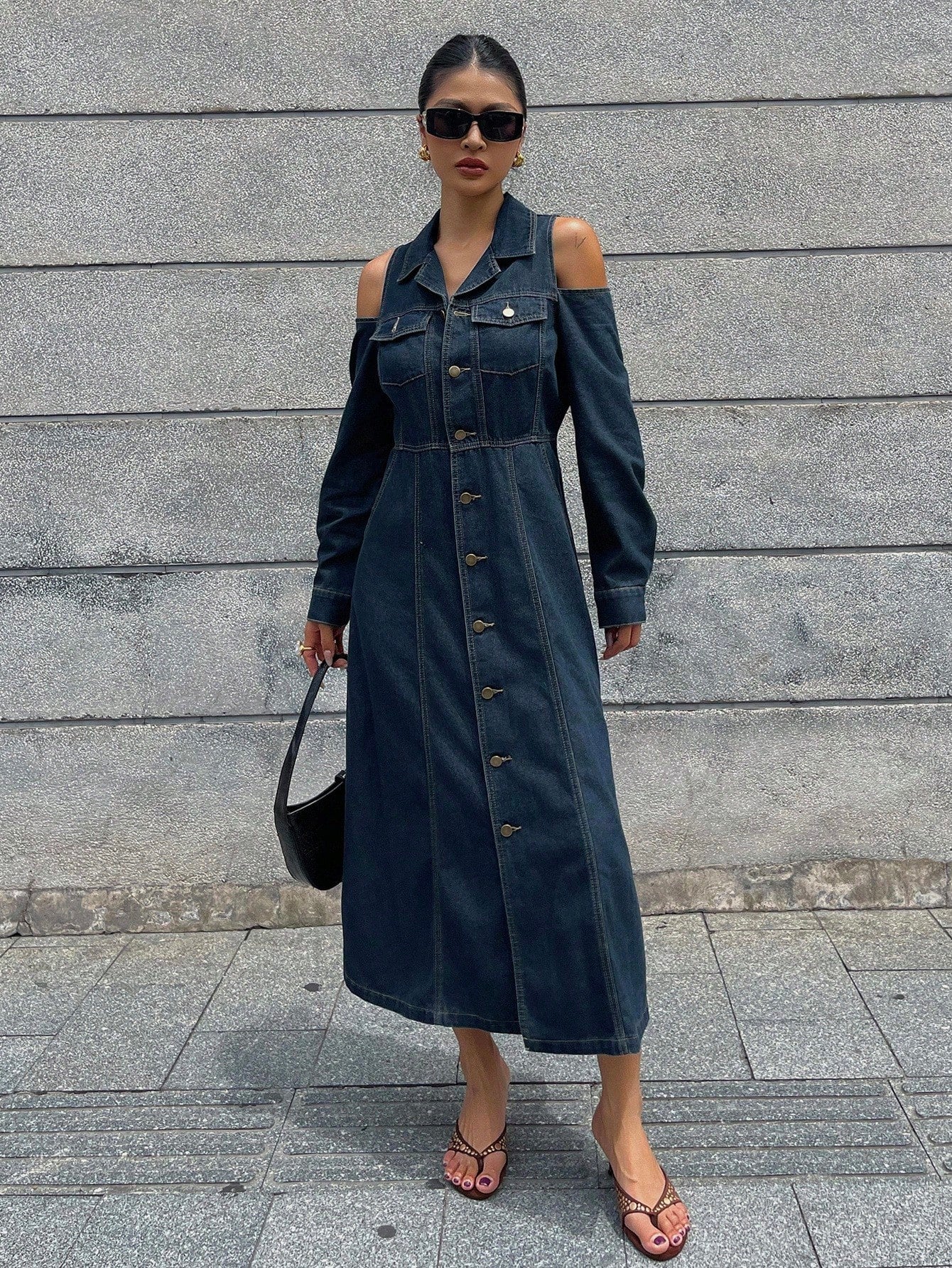 CM-DS399323 Women Casual Seoul Style Lapel Neckline Off-Shoulder High Waist Denim Dress - Blue