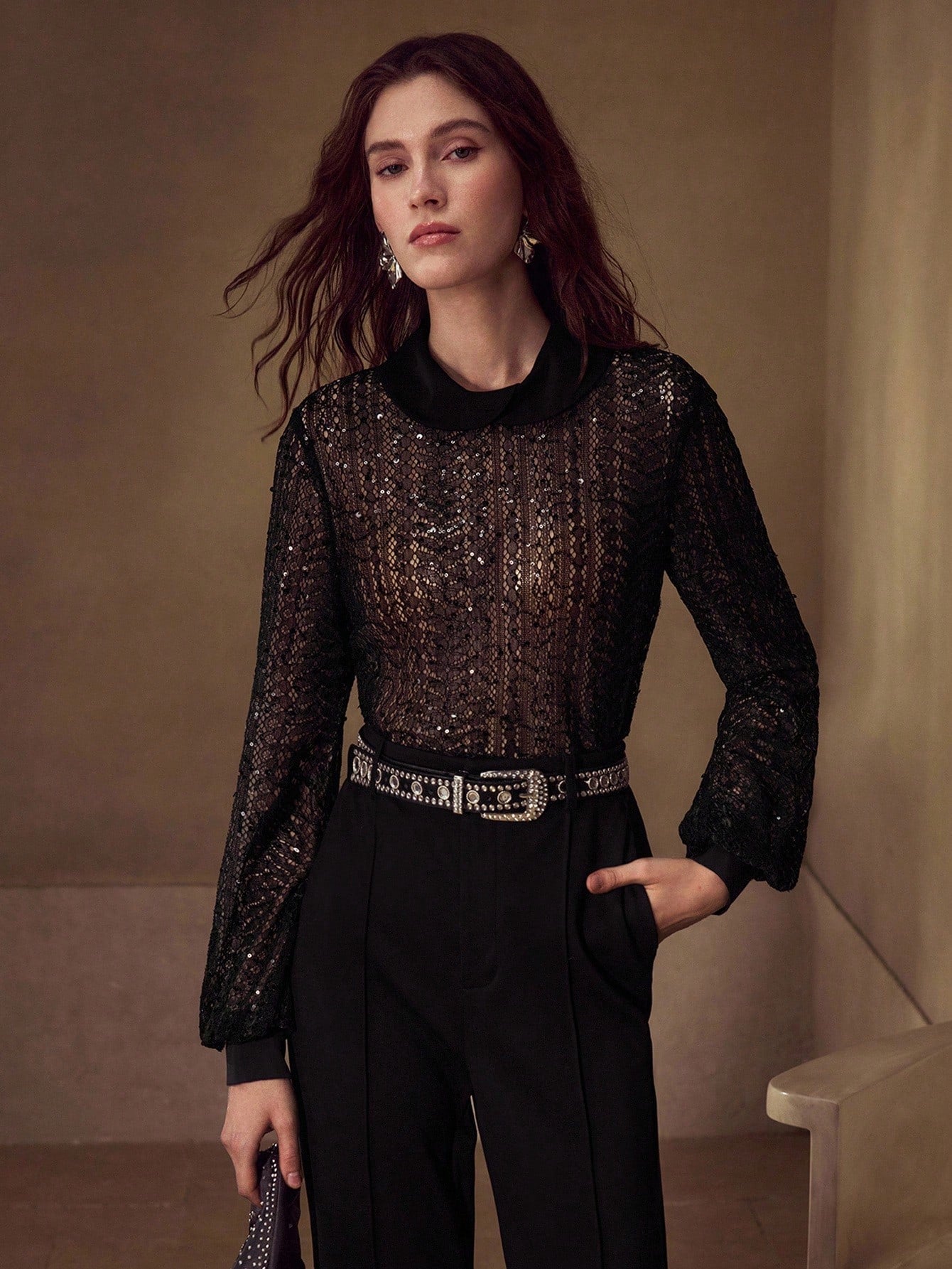 CM-TS343295 Women Elegant Seoul Style Lace Sequins Stand Collar Lantern Sleeve Slim Fit Sheer Top - Black