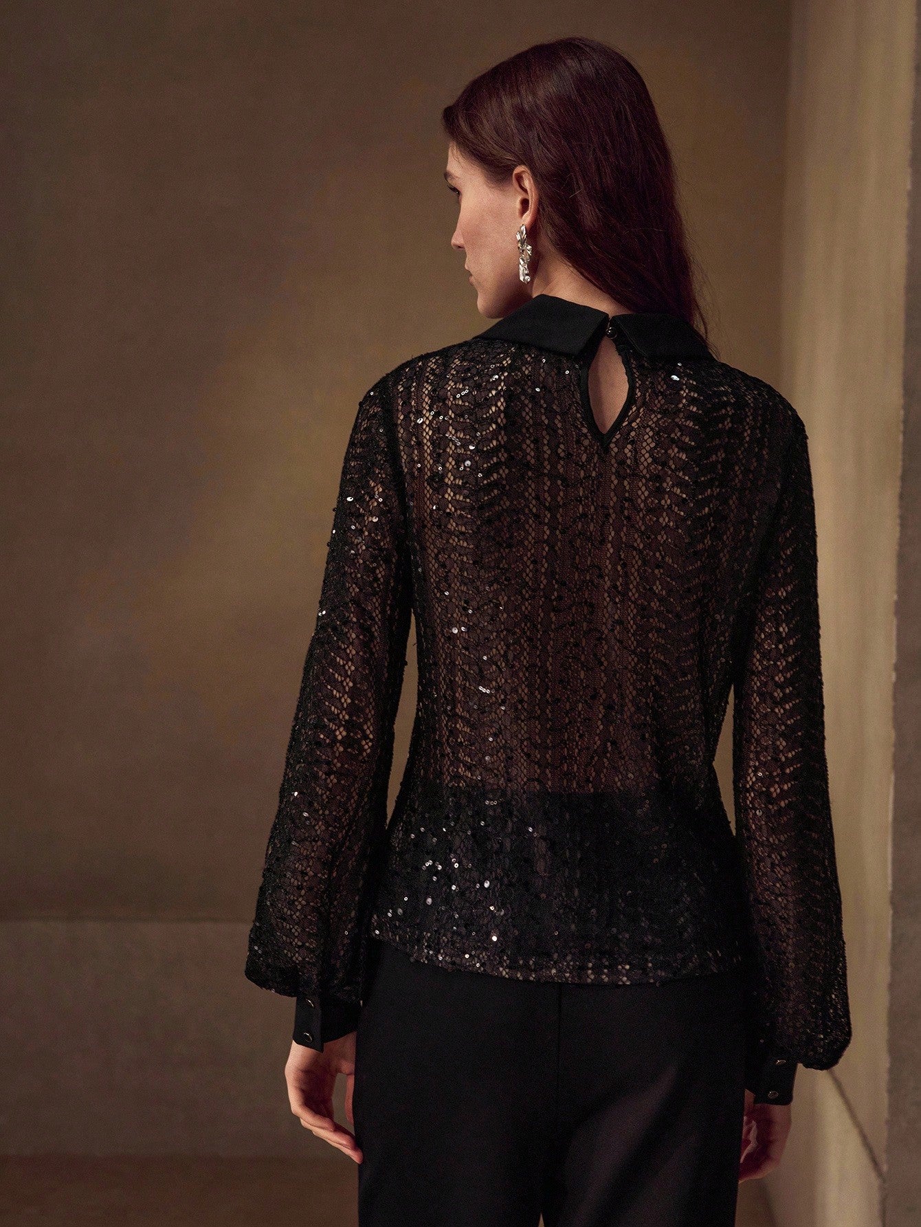 CM-TS343295 Women Elegant Seoul Style Lace Sequins Stand Collar Lantern Sleeve Slim Fit Sheer Top - Black