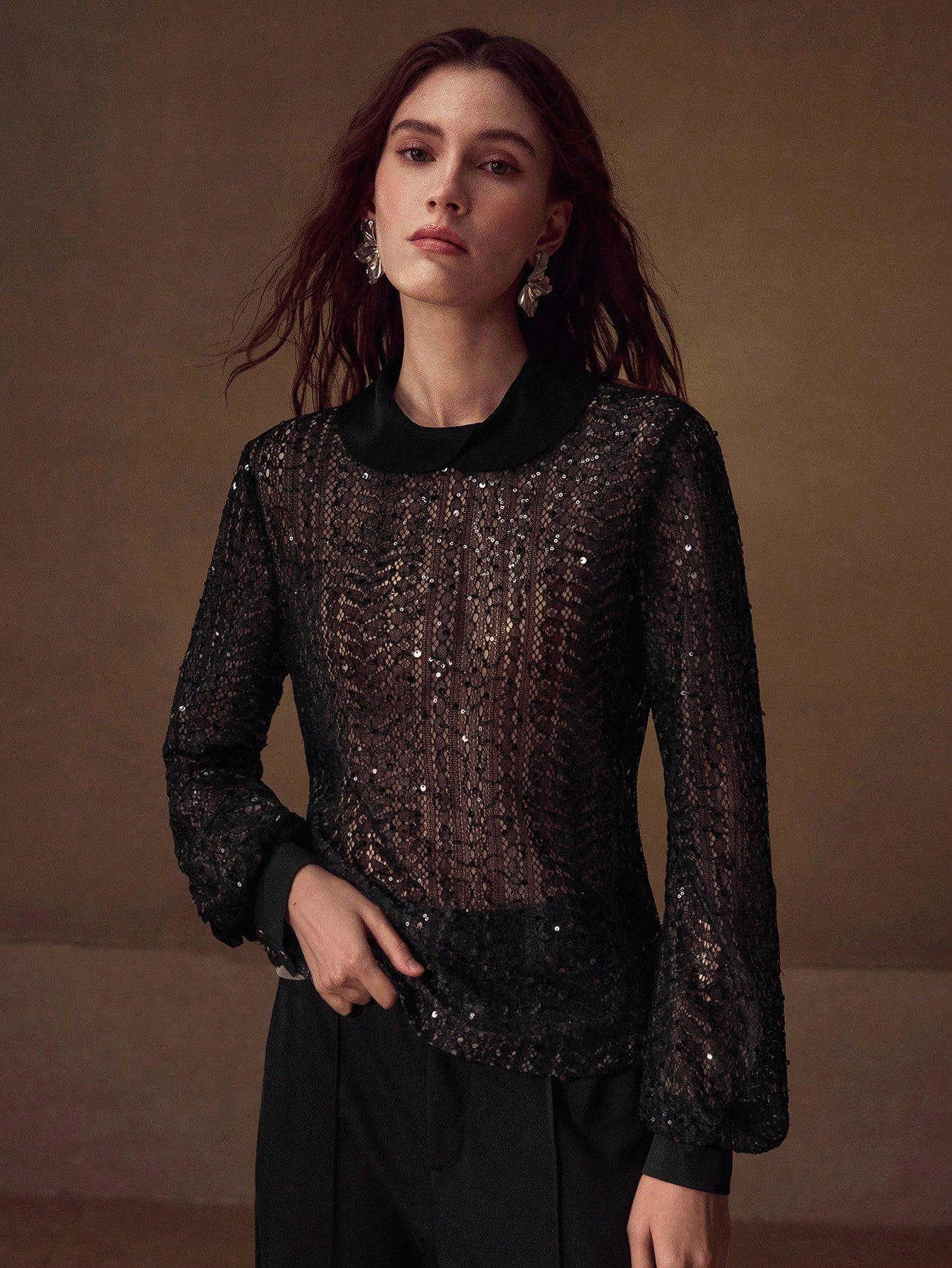 CM-TS343295 Women Elegant Seoul Style Lace Sequins Stand Collar Lantern Sleeve Slim Fit Sheer Top - Black