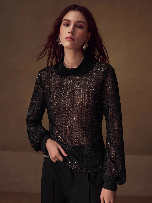 CM-TS343295 Women Elegant Seoul Style Lace Sequins Stand Collar Lantern Sleeve Slim Fit Sheer Top - Black
