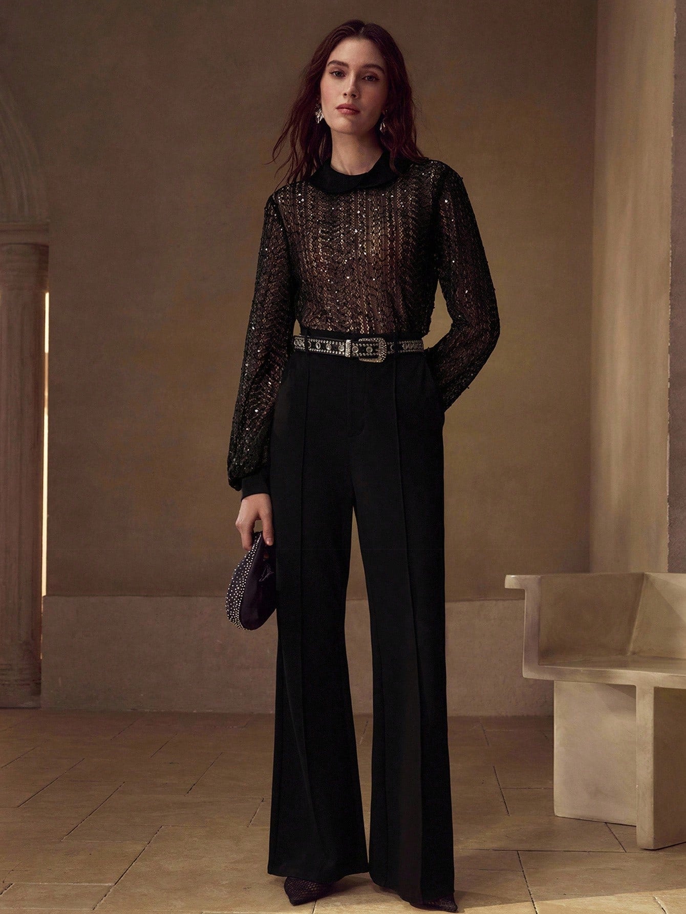 CM-TS343295 Women Elegant Seoul Style Lace Sequins Stand Collar Lantern Sleeve Slim Fit Sheer Top - Black