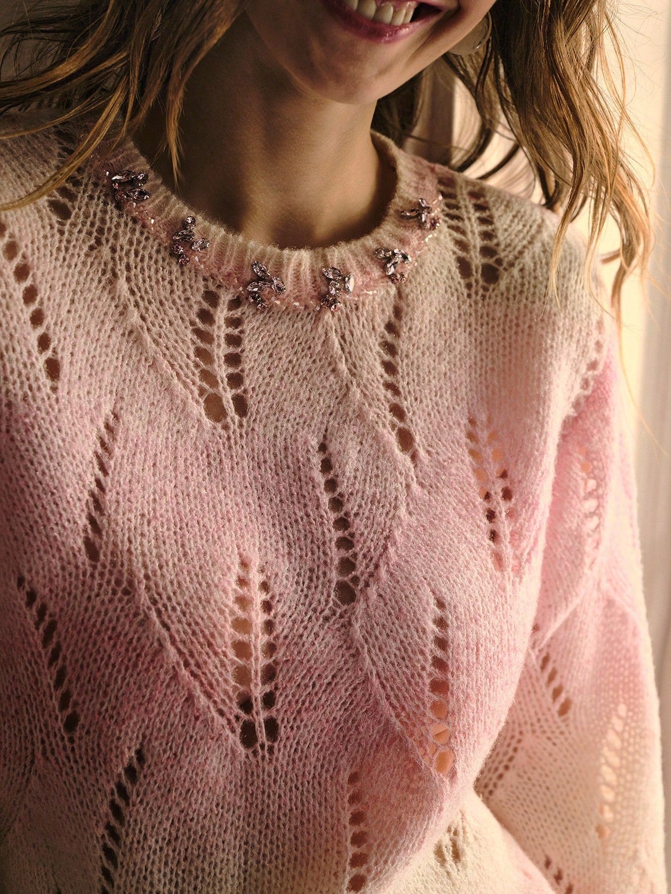 CM-CS242322 Women Elegant Seoul Style Round Neck Long Sleeve Ombre Hollow Out Sweater - Baby Pink