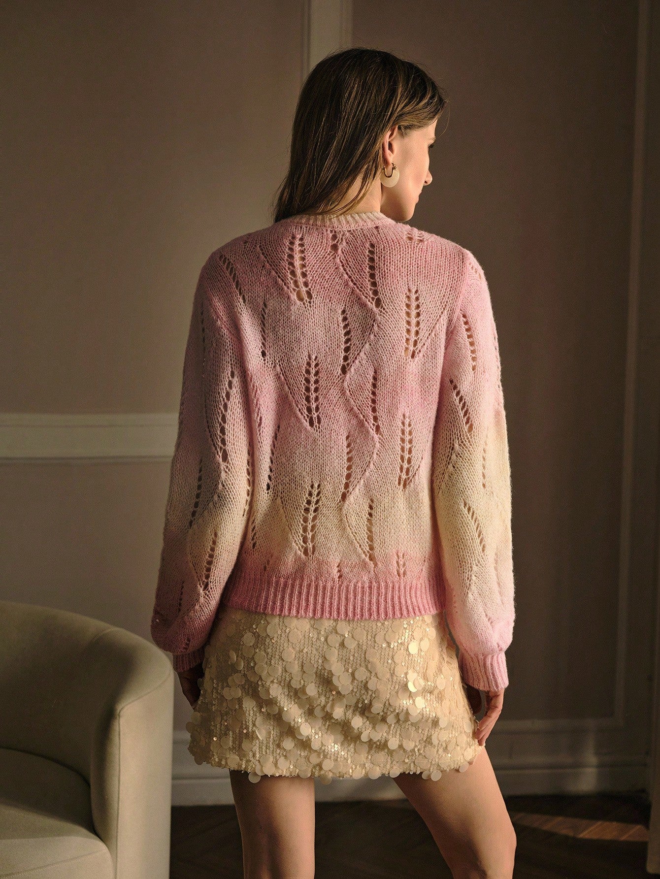 CM-CS242322 Women Elegant Seoul Style Round Neck Long Sleeve Ombre Hollow Out Sweater - Baby Pink