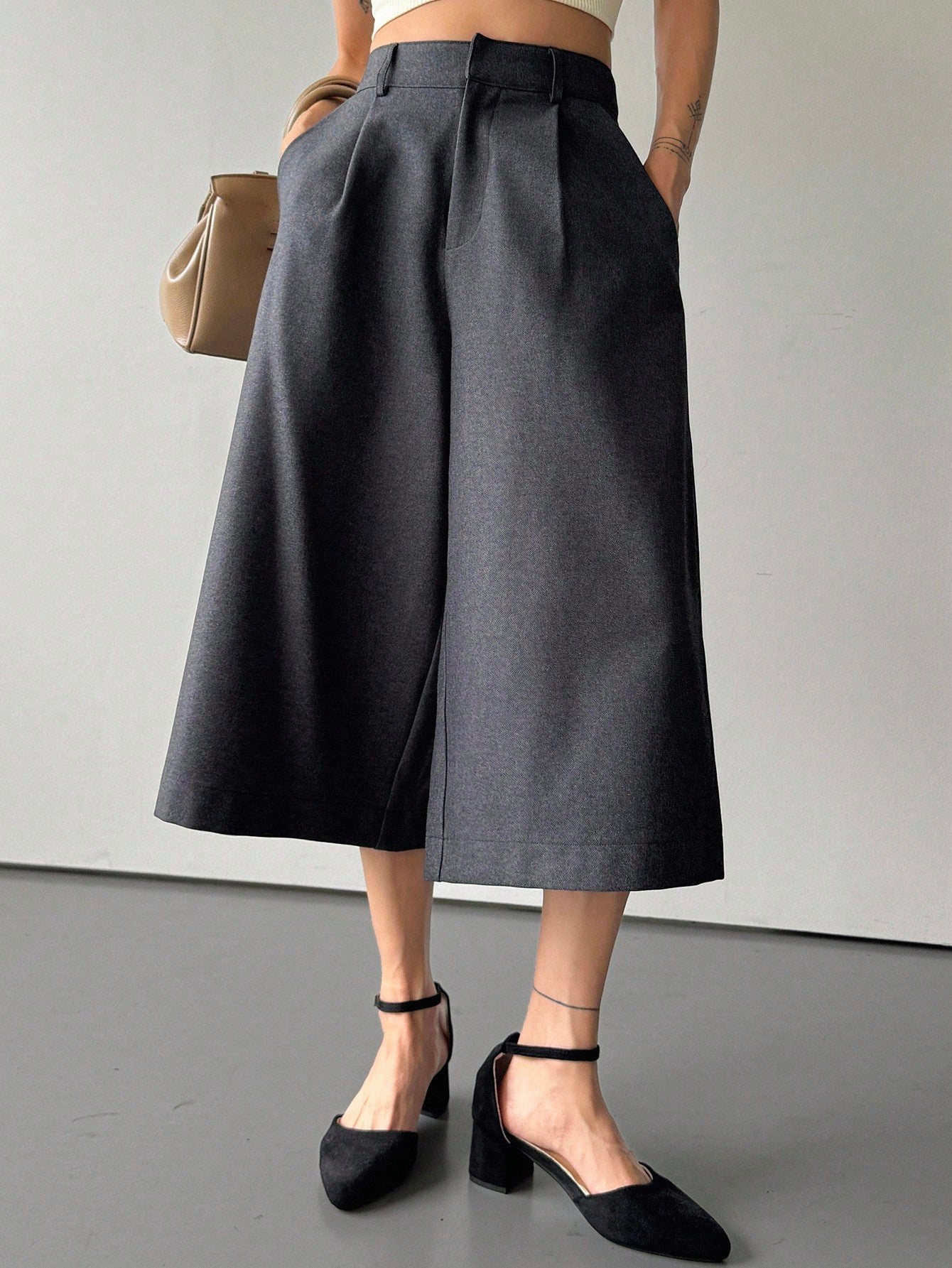 CM-BS812360 Women Casual Seoul Style Mid Waist Loose Straight Leg 7/8 Length Pants - Gray