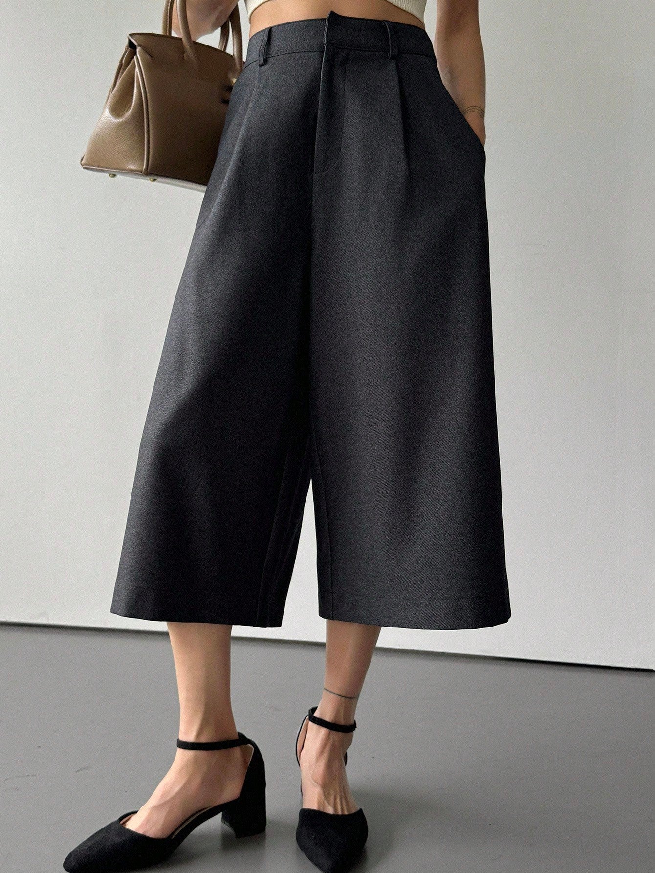 CM-BS812360 Women Casual Seoul Style Mid Waist Loose Straight Leg 7/8 Length Pants - Gray