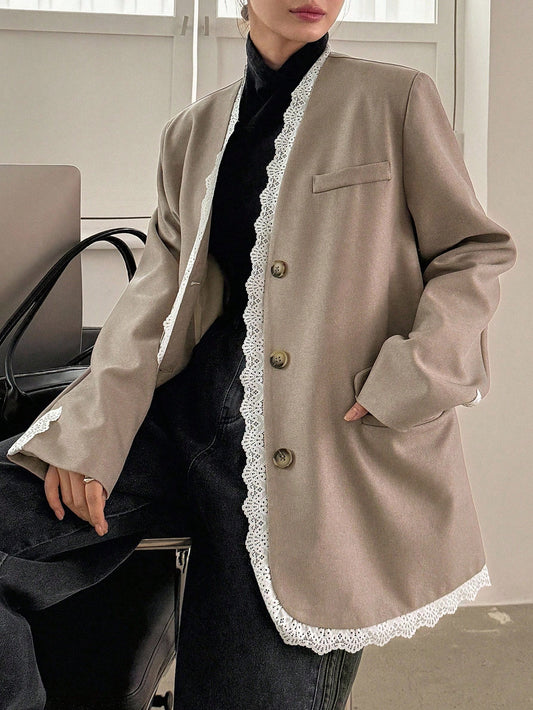 CM-CS800464 Women Casual Seoul Style V-Neck Lace Patchwork Contrast Color Decor Loose Blazer - Khaki