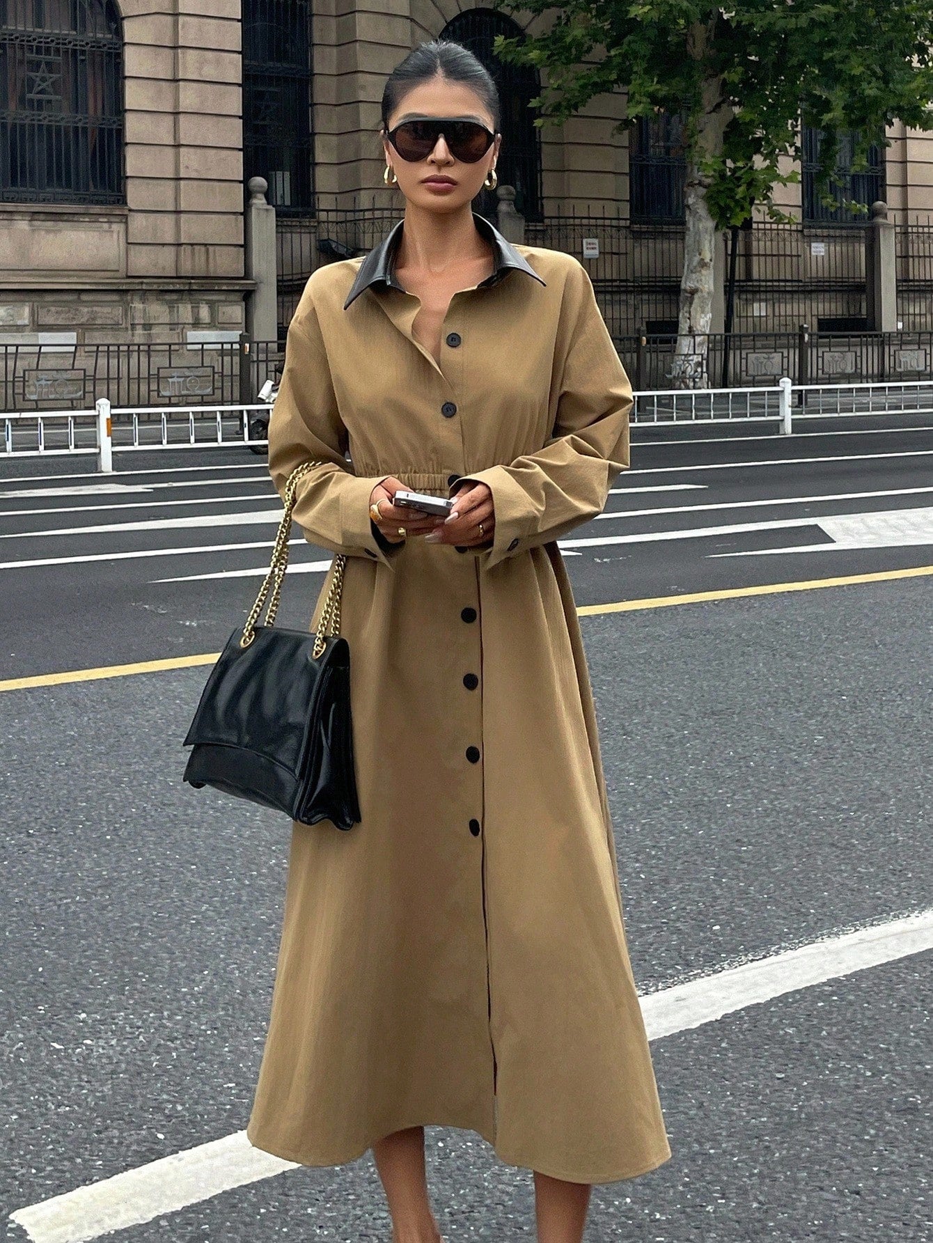 CM-DS760894 Women Elegant Seoul Style Contrast Color Lapel Long Sleeve Single-Breasted Shirt Midi Dress - Khaki