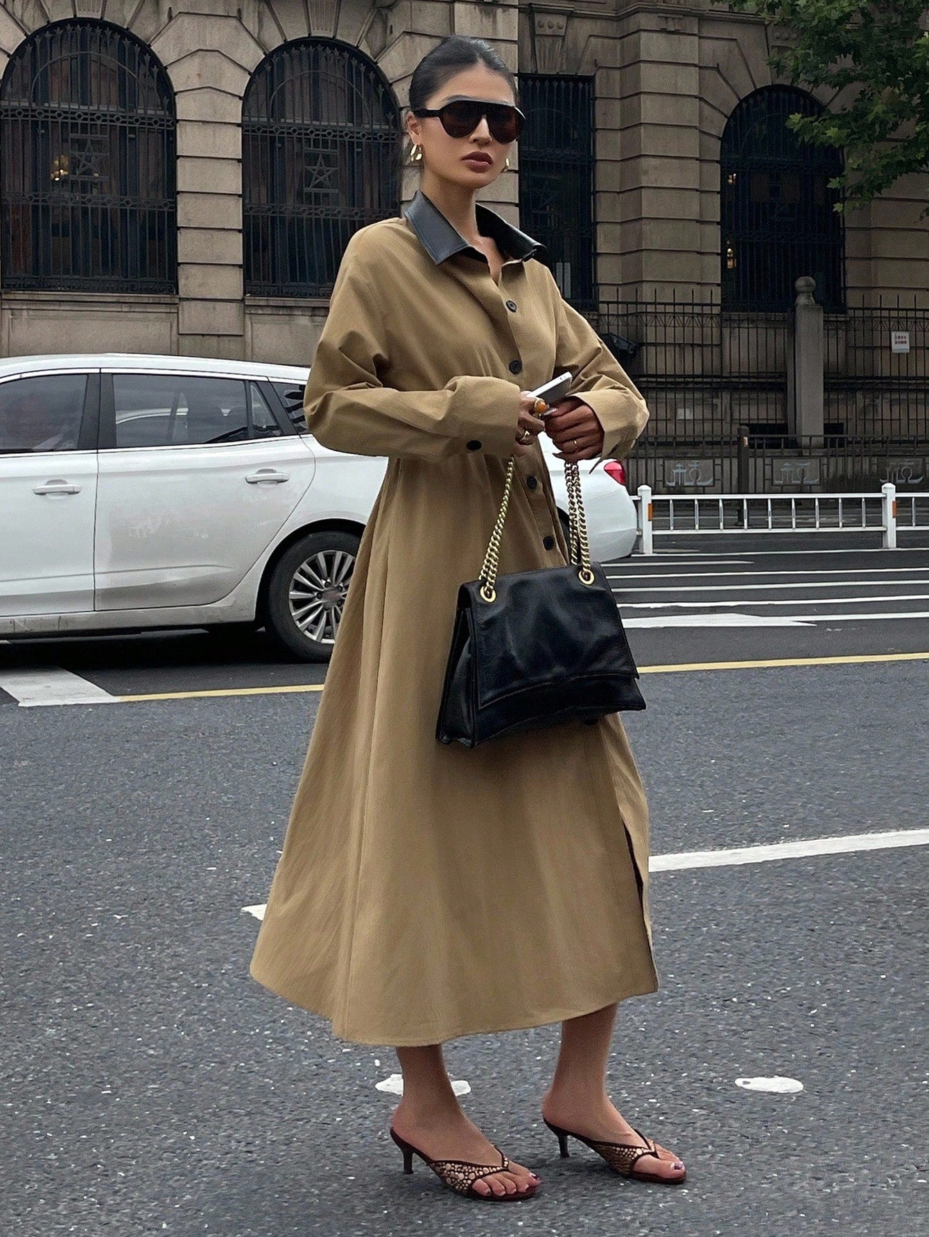 CM-DS760894 Women Elegant Seoul Style Contrast Color Lapel Long Sleeve Single-Breasted Shirt Midi Dress - Khaki