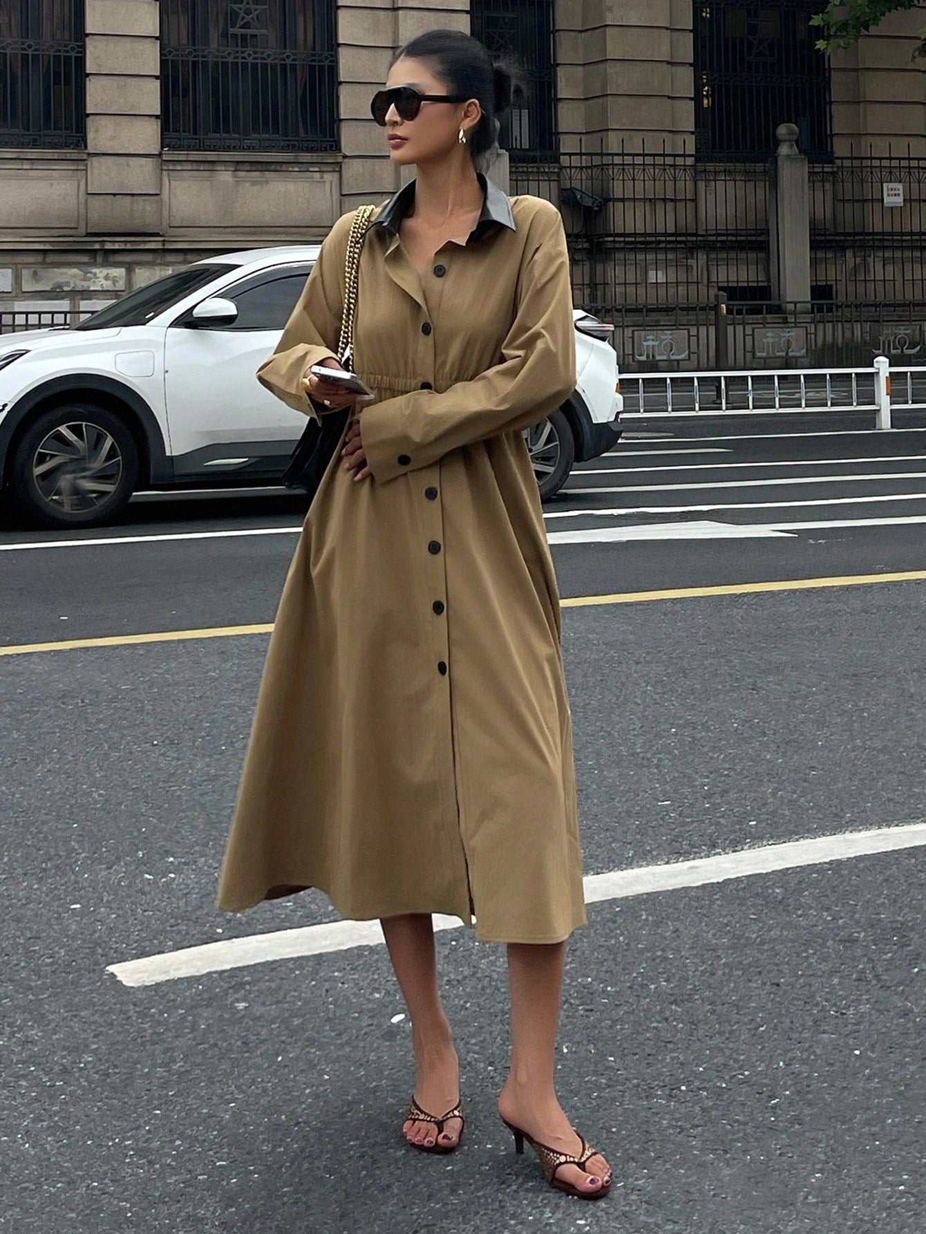 CM-DS760894 Women Elegant Seoul Style Contrast Color Lapel Long Sleeve Single-Breasted Shirt Midi Dress - Khaki