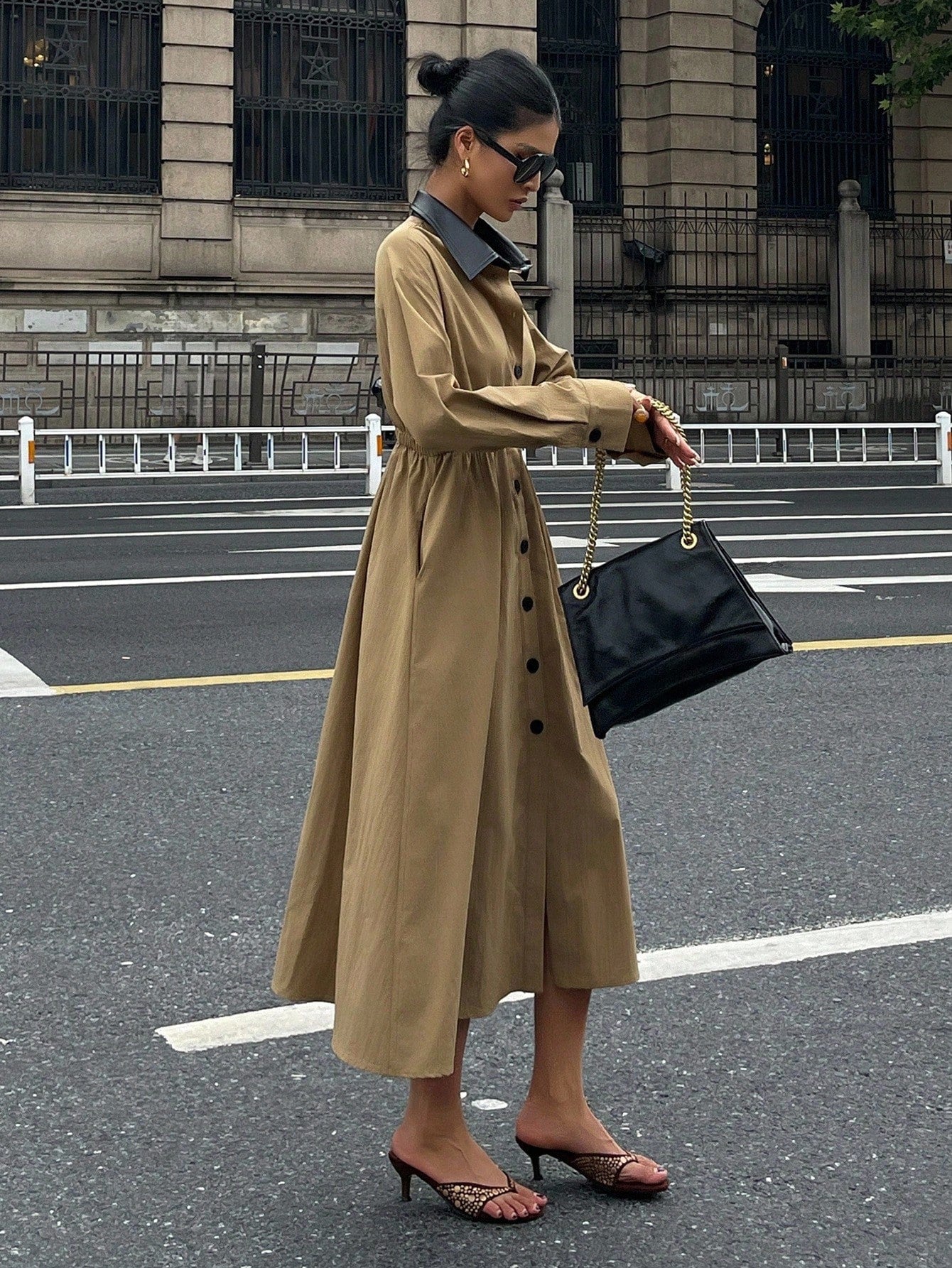 CM-DS760894 Women Elegant Seoul Style Contrast Color Lapel Long Sleeve Single-Breasted Shirt Midi Dress - Khaki
