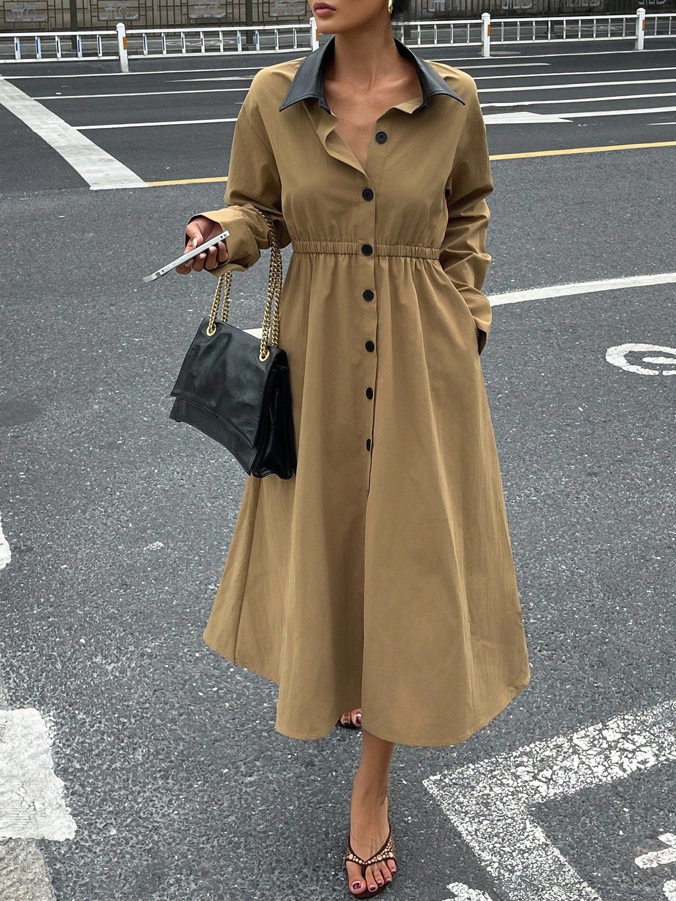 CM-DS760894 Women Elegant Seoul Style Contrast Color Lapel Long Sleeve Single-Breasted Shirt Midi Dress - Khaki