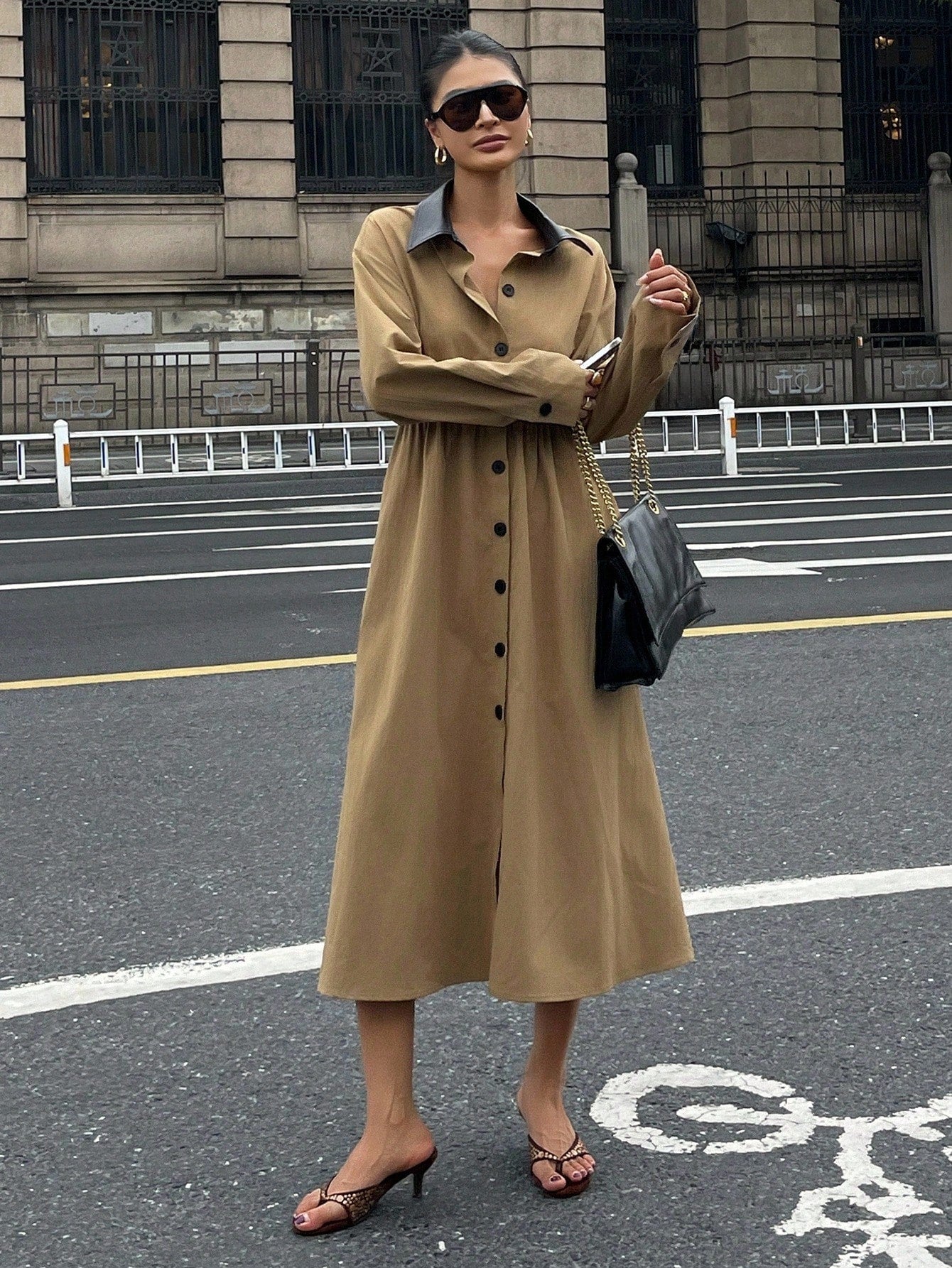 CM-DS760894 Women Elegant Seoul Style Contrast Color Lapel Long Sleeve Single-Breasted Shirt Midi Dress - Khaki