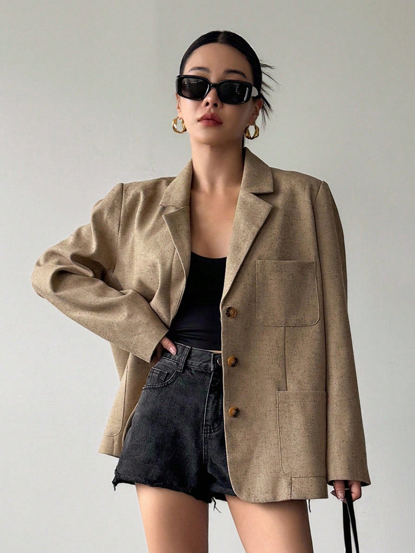 CM-CS693527 Women Casual Seoul Style Loose Long Sleeve Lapel Padded Shoulder Thick Jacket - Brown