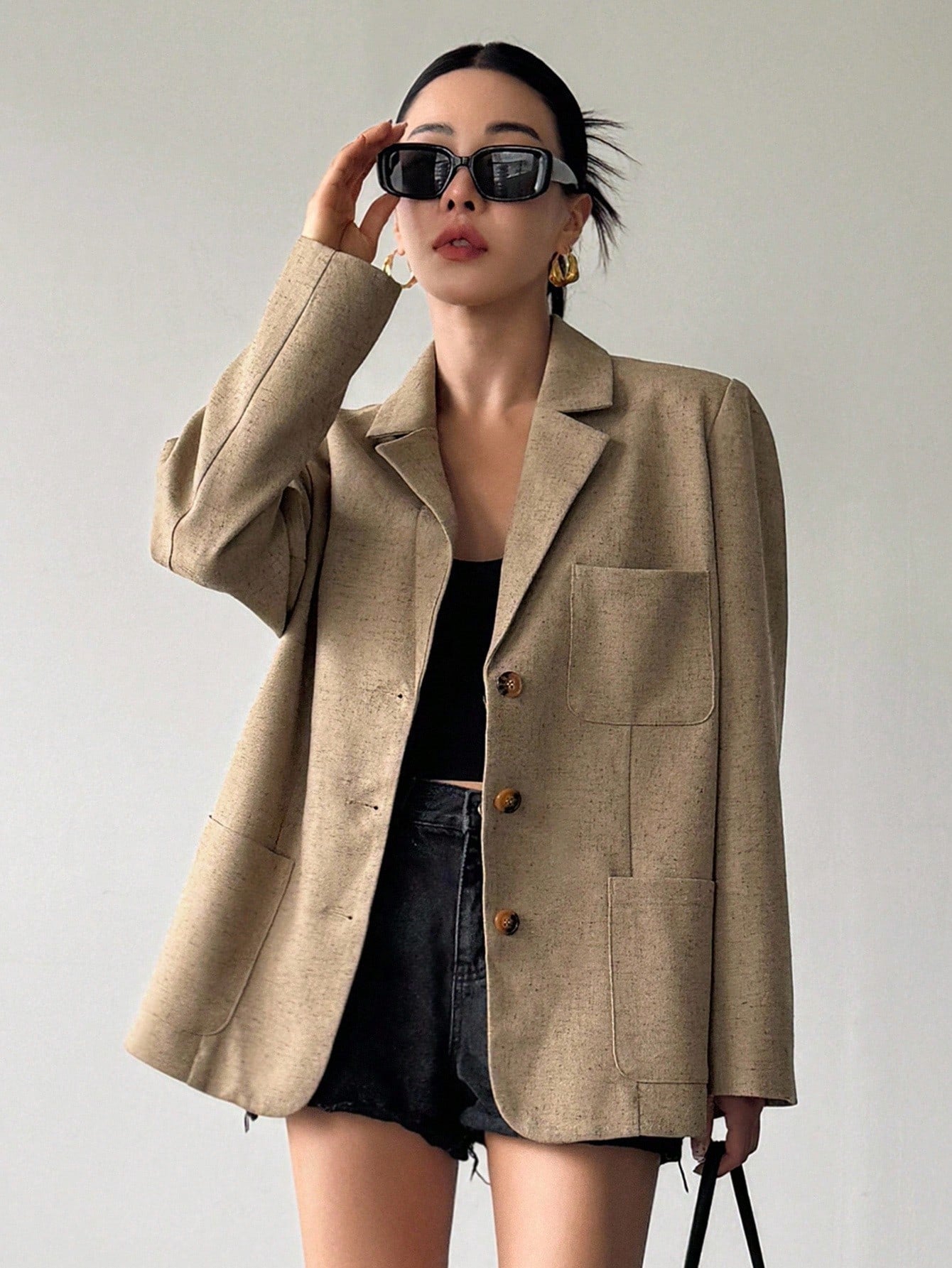 CM-CS693527 Women Casual Seoul Style Loose Long Sleeve Lapel Padded Shoulder Thick Jacket - Brown