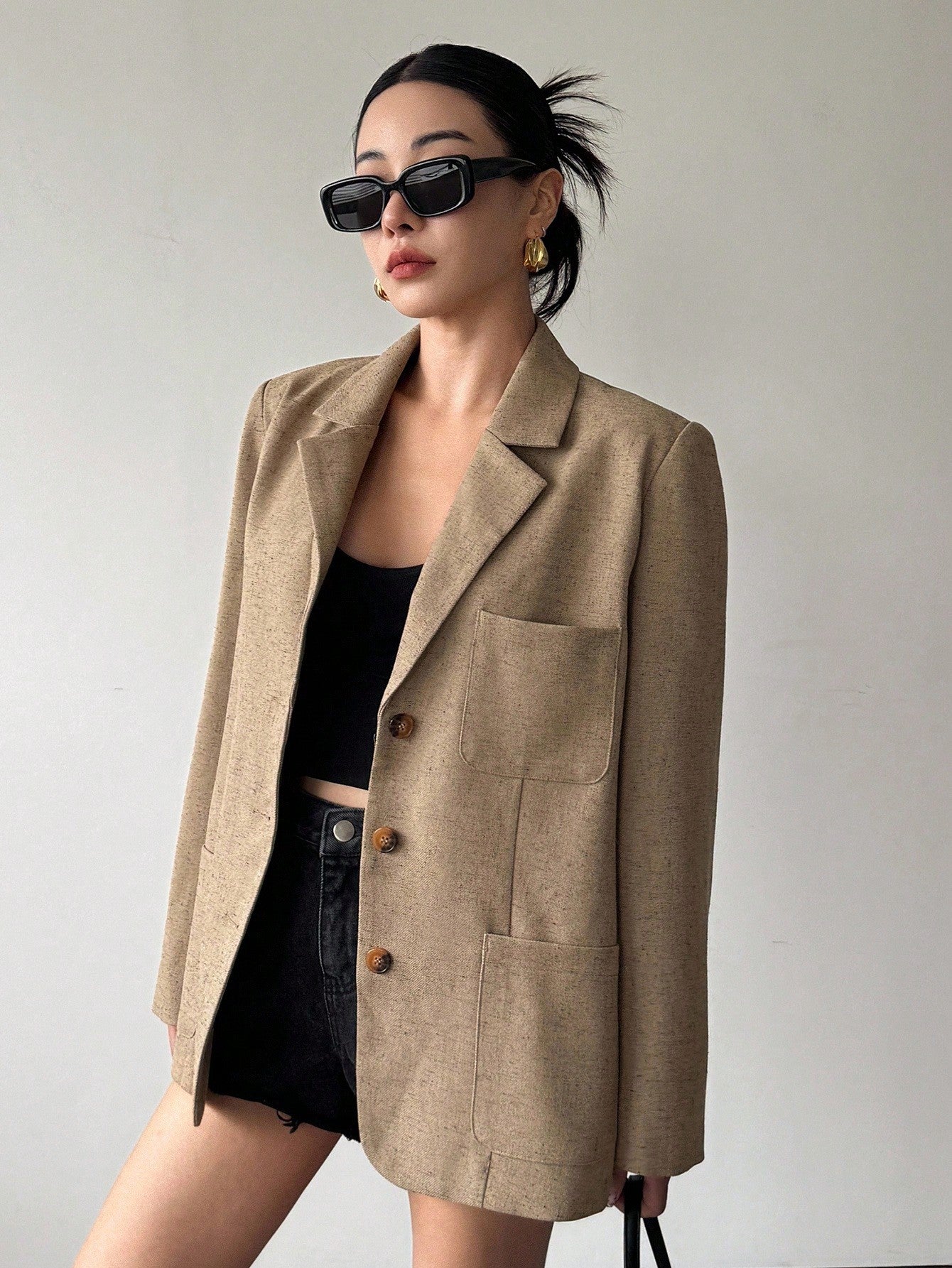 CM-CS693527 Women Casual Seoul Style Loose Long Sleeve Lapel Padded Shoulder Thick Jacket - Brown