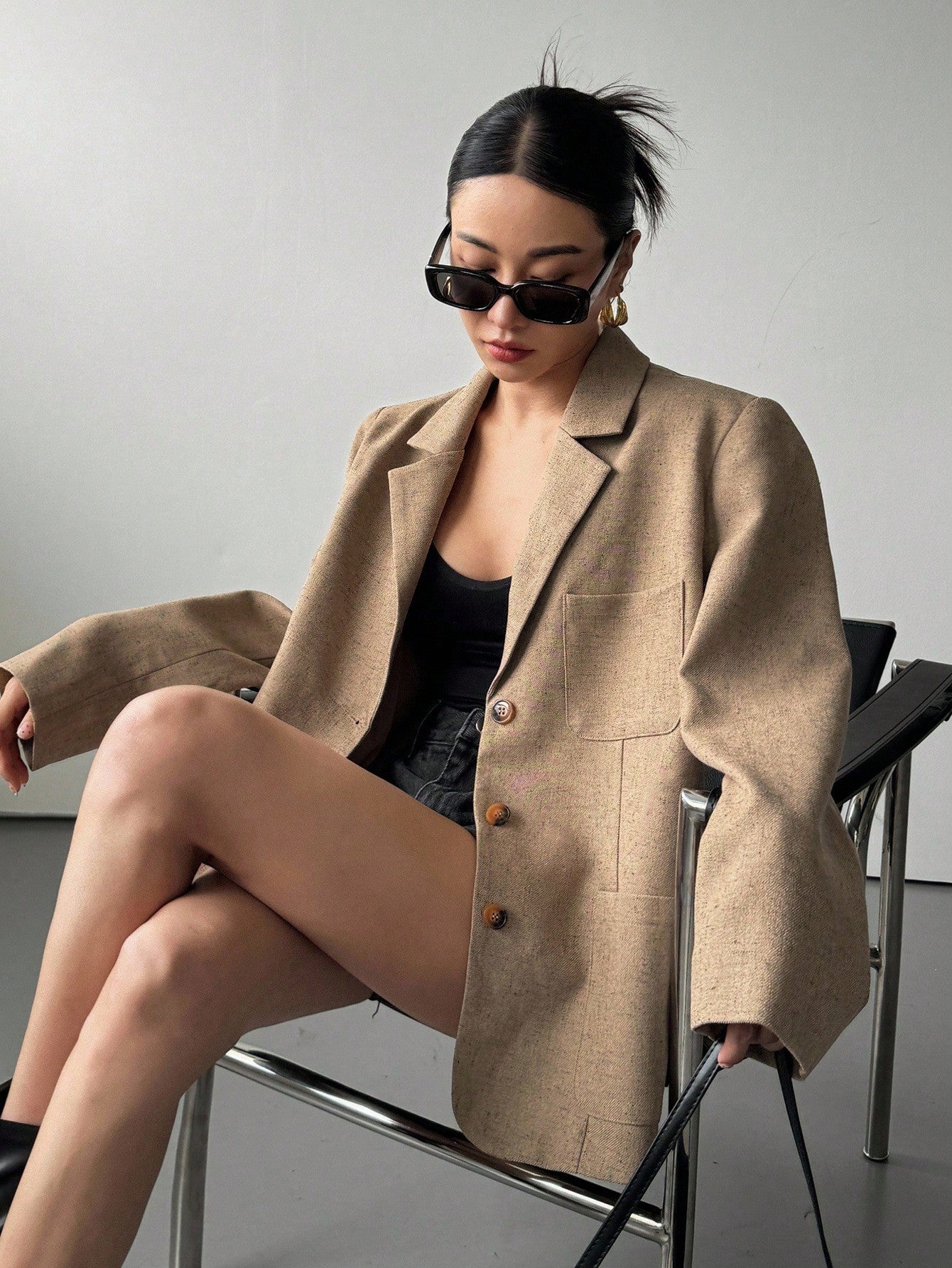 CM-CS693527 Women Casual Seoul Style Loose Long Sleeve Lapel Padded Shoulder Thick Jacket - Brown