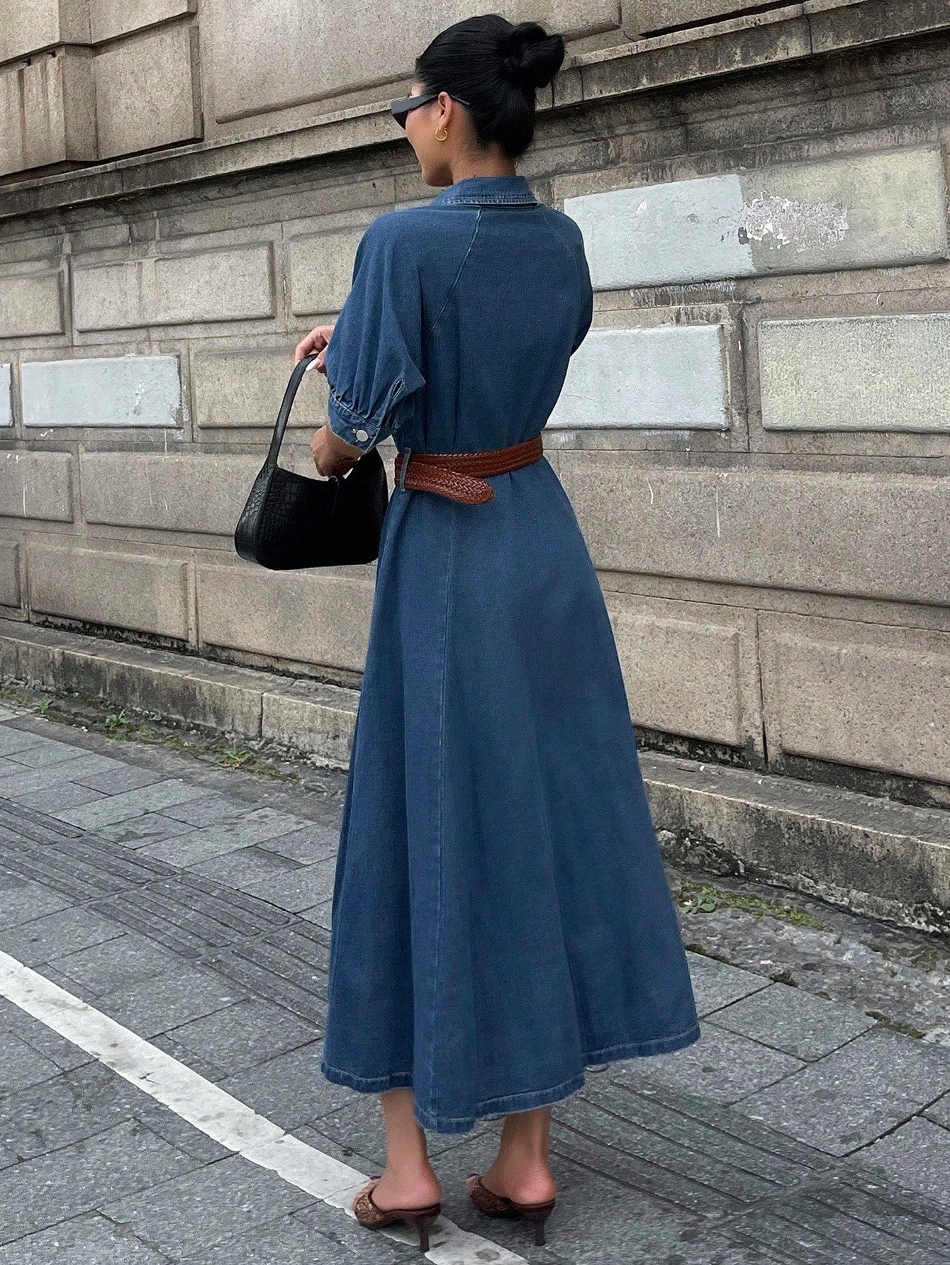 CM-DS748856 Women Casual Seoul Style Turndown Collar Roll Up Sleeve Waist Cinched Denim Dress - Blue