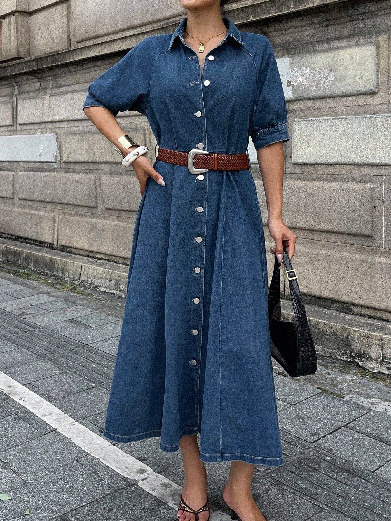 CM-DS748856 Women Casual Seoul Style Turndown Collar Roll Up Sleeve Waist Cinched Denim Dress - Blue