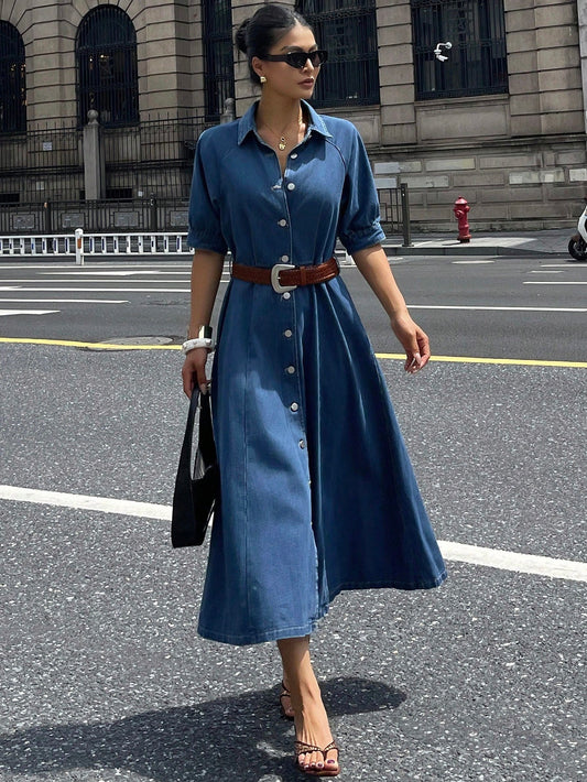 CM-DS748856 Women Casual Seoul Style Turndown Collar Roll Up Sleeve Waist Cinched Denim Dress - Blue