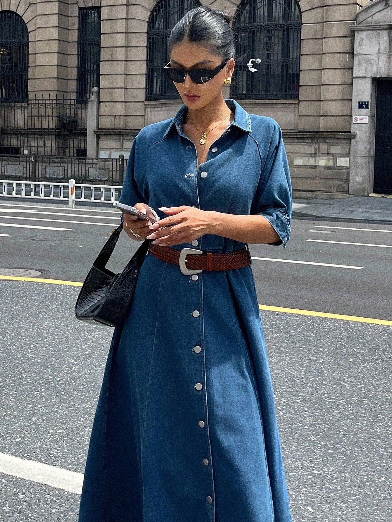 CM-DS748856 Women Casual Seoul Style Turndown Collar Roll Up Sleeve Waist Cinched Denim Dress - Blue