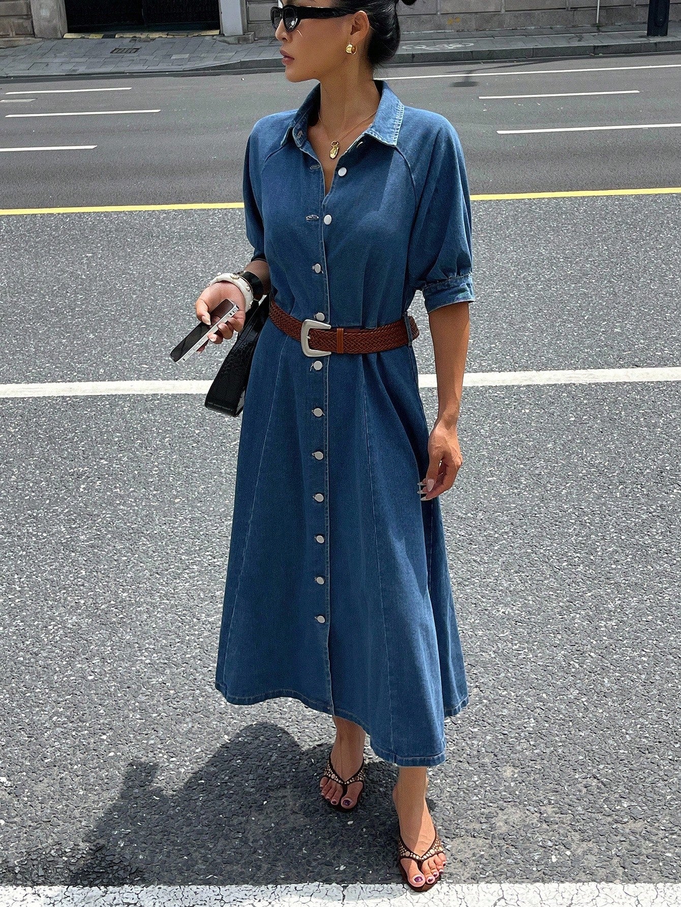 CM-DS748856 Women Casual Seoul Style Turndown Collar Roll Up Sleeve Waist Cinched Denim Dress - Blue