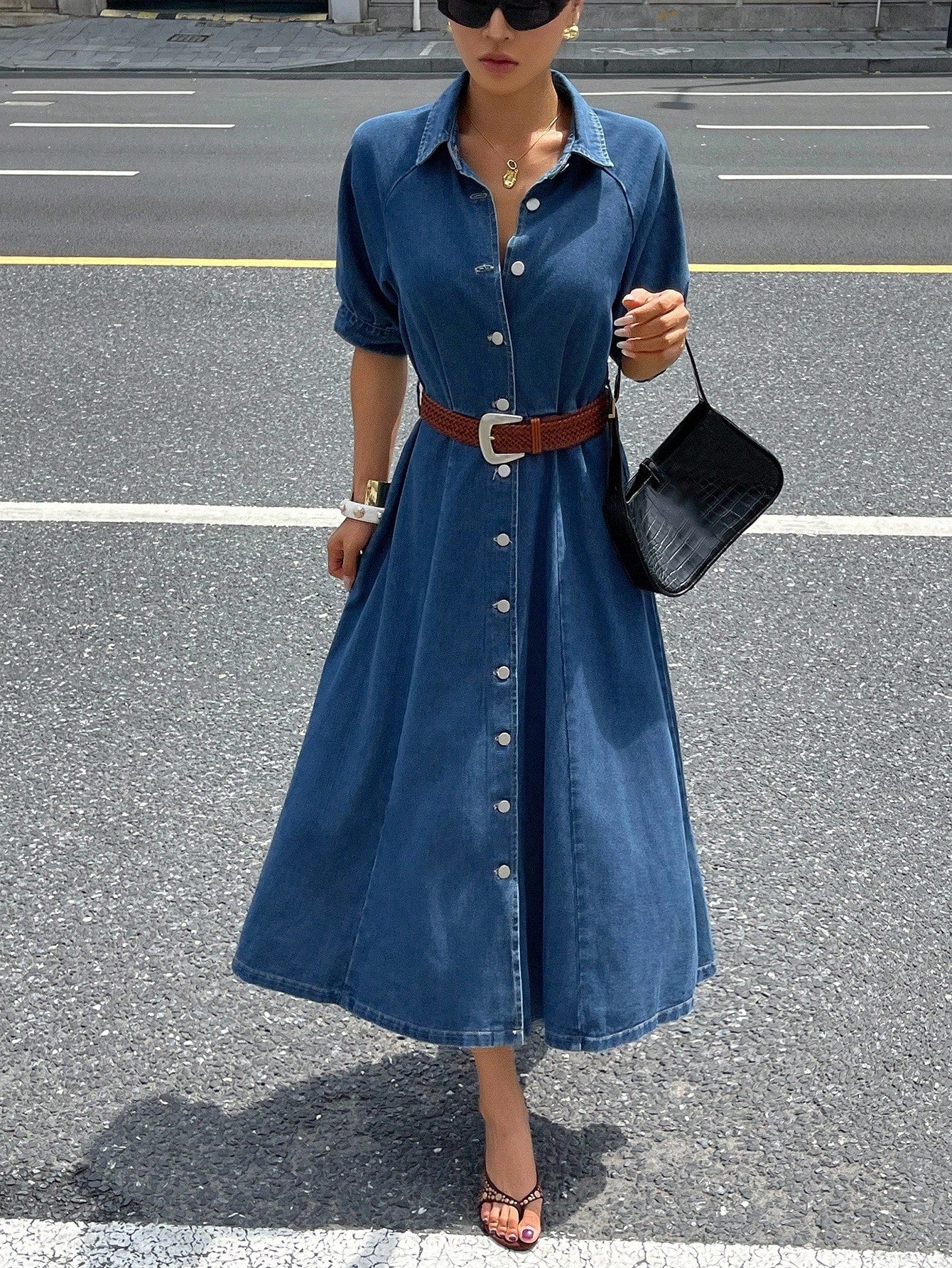 CM-DS748856 Women Casual Seoul Style Turndown Collar Roll Up Sleeve Waist Cinched Denim Dress - Blue