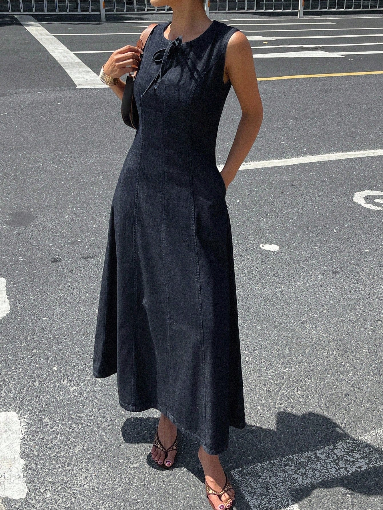 CM-DS274433 Women Casual Seoul Style Round Neck Sleeveless Waist Cinched Denim Dress - Blue