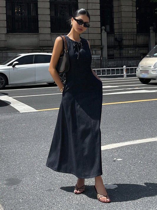 CM-DS274433 Women Casual Seoul Style Round Neck Sleeveless Waist Cinched Denim Dress - Blue