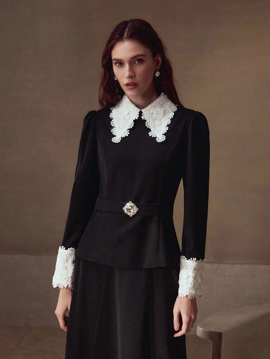 CM-TS921108 Women Elegant Seoul Style Collar Neckline Long Sleeve Colorblock Contrast Lace Blouse - Black