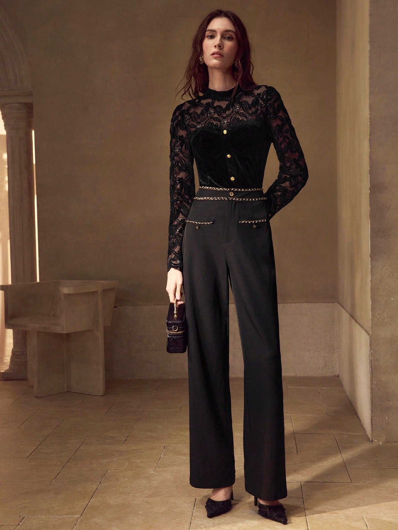 CM-TS725257 Women Elegant Seoul Style Round Neck Long Sleeve Contrast Lace Slim Fit Tee - Black