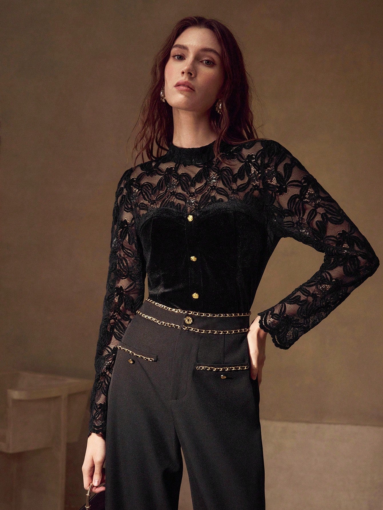 CM-TS725257 Women Elegant Seoul Style Round Neck Long Sleeve Contrast Lace Slim Fit Tee - Black