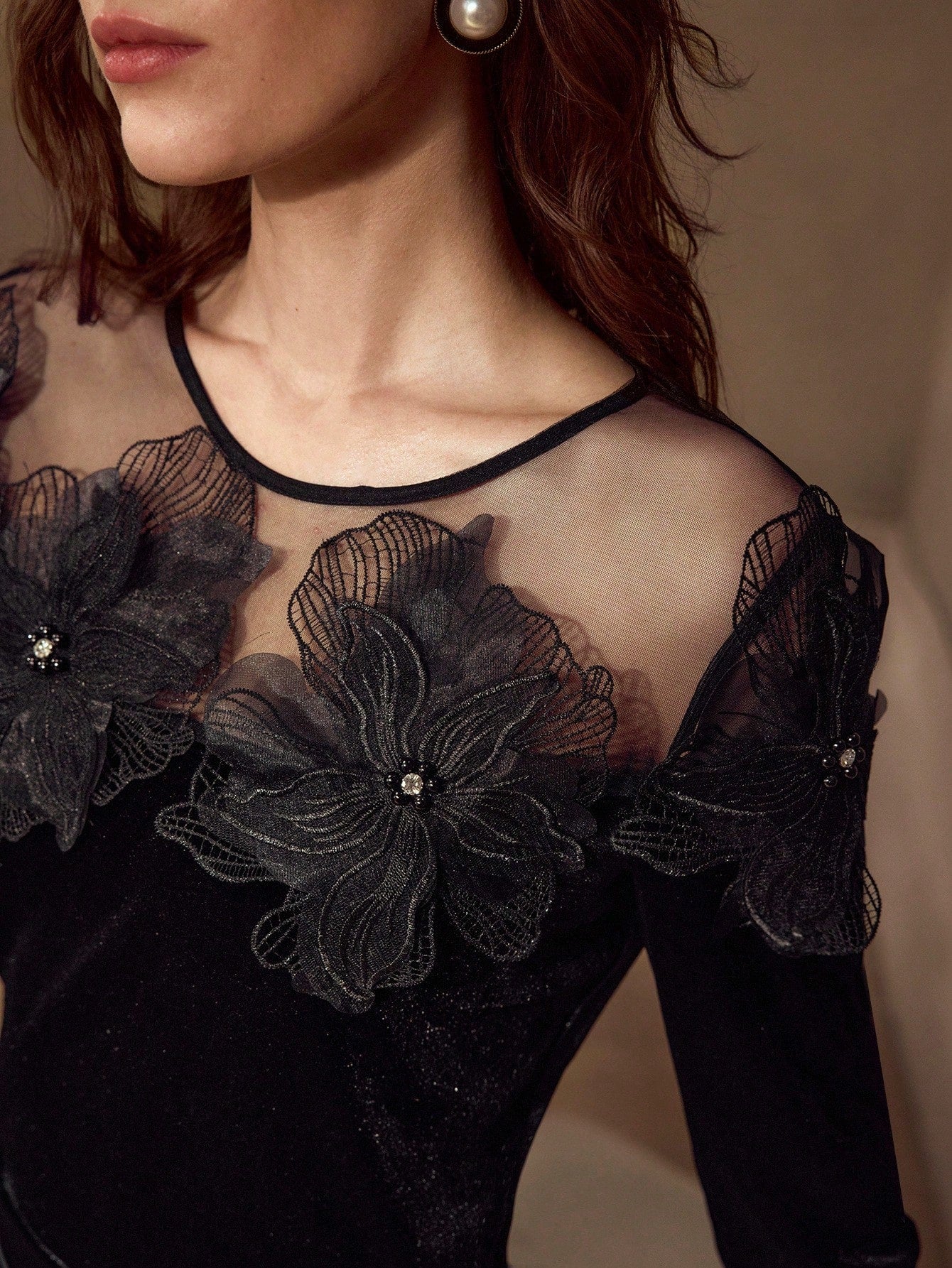 CM-TS252017 Women Elegant Seoul Style Round Neck Long Sleeve Stereo Floral Contrast Mesh Top - Black