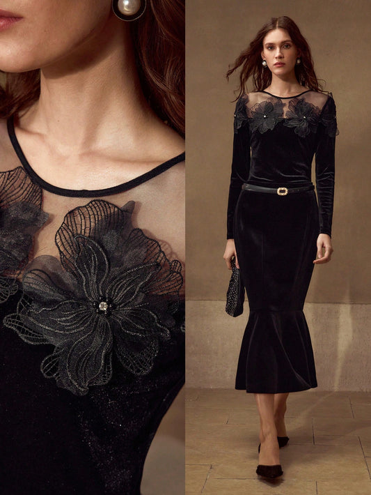 CM-TS252017 Women Elegant Seoul Style Round Neck Long Sleeve Stereo Floral Contrast Mesh Top - Black