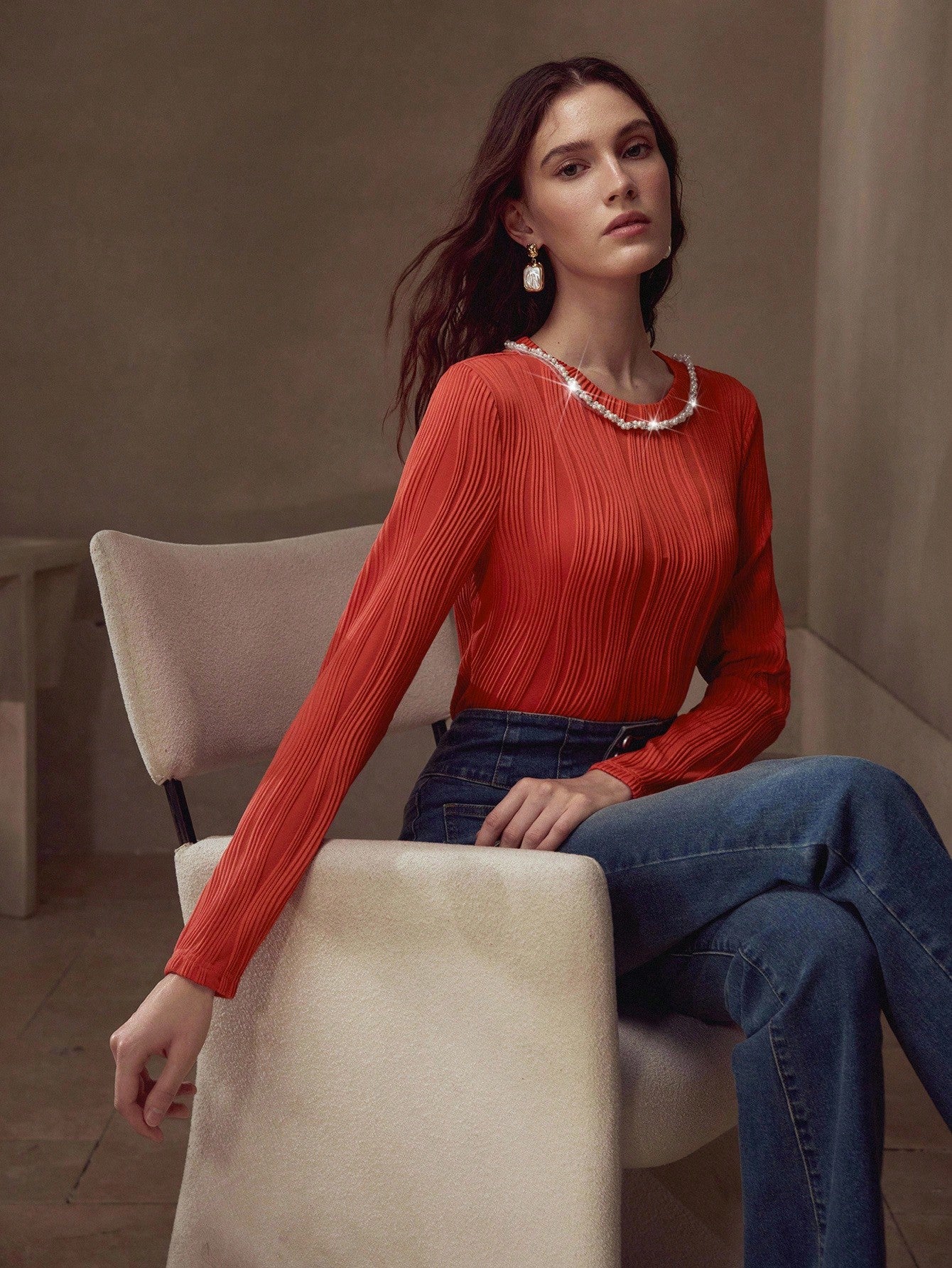 CM-TS454155 Women Elegant Seoul Style Round Neck Long Sleeve Faux Pearl Trim Slim Fit T-Shirt - Orange