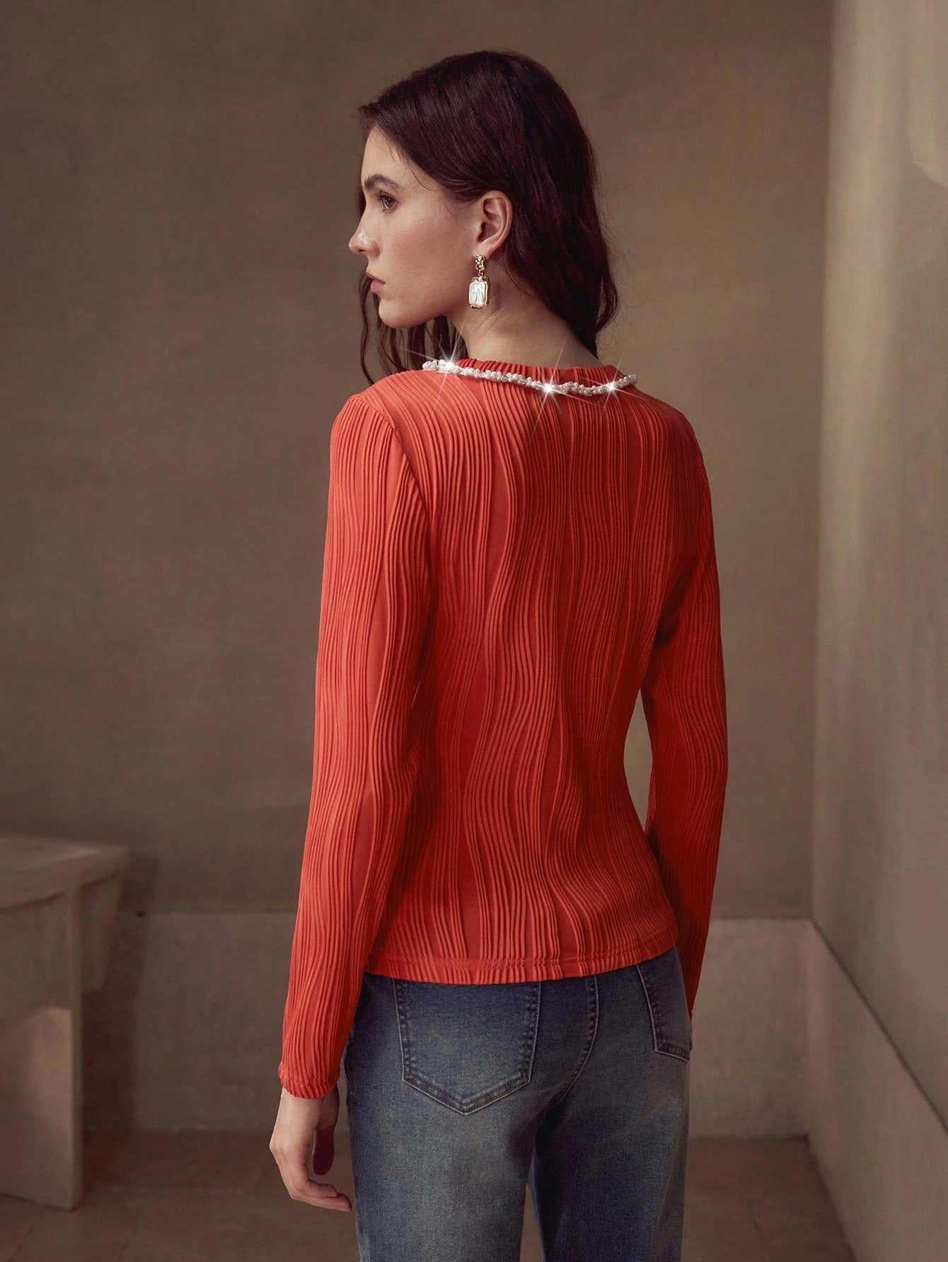 CM-TS454155 Women Elegant Seoul Style Round Neck Long Sleeve Faux Pearl Trim Slim Fit T-Shirt - Orange