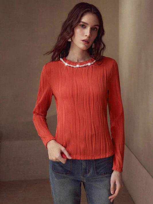 CM-TS454155 Women Elegant Seoul Style Round Neck Long Sleeve Faux Pearl Trim Slim Fit T-Shirt - Orange
